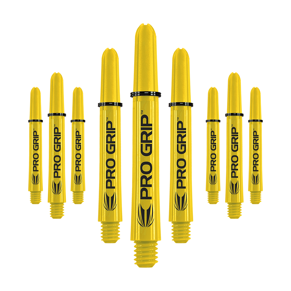 Target Pro Grip Shafts - 3 sets - Geel Das Bild zeigt mehrere gelbe Dartschäfte mit der Aufschrift "PRO GRIP". Die Schäfte sind in einer Reihe angeordnet und haben ein einheitliches Design.