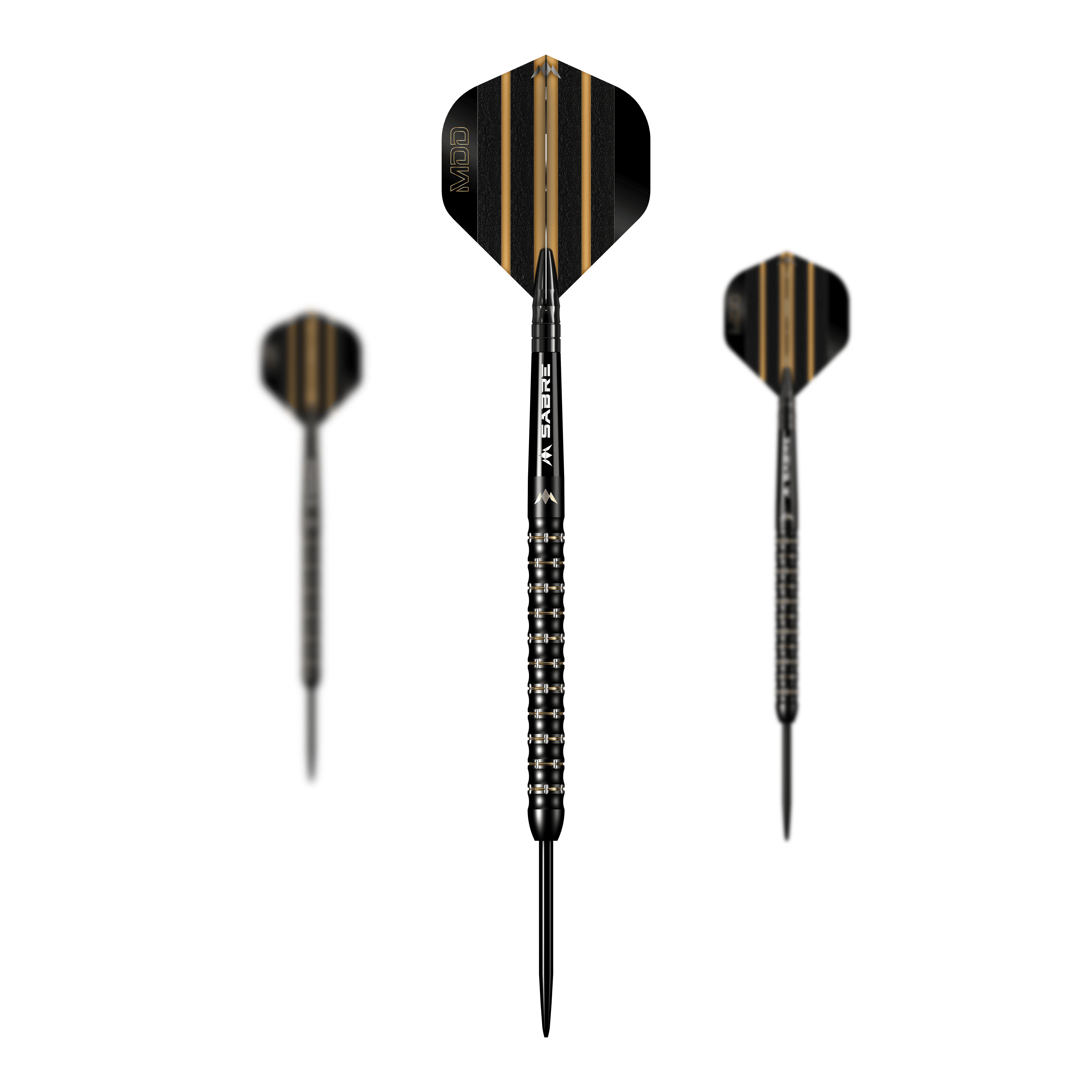Das Bild zeigt drei Steeldarts des Modells "Mission Mike De Decker MDD Black Gold". Die Darts sind schwarz-gold gestaltet und besitzen ein modernes, auffälliges Design.
