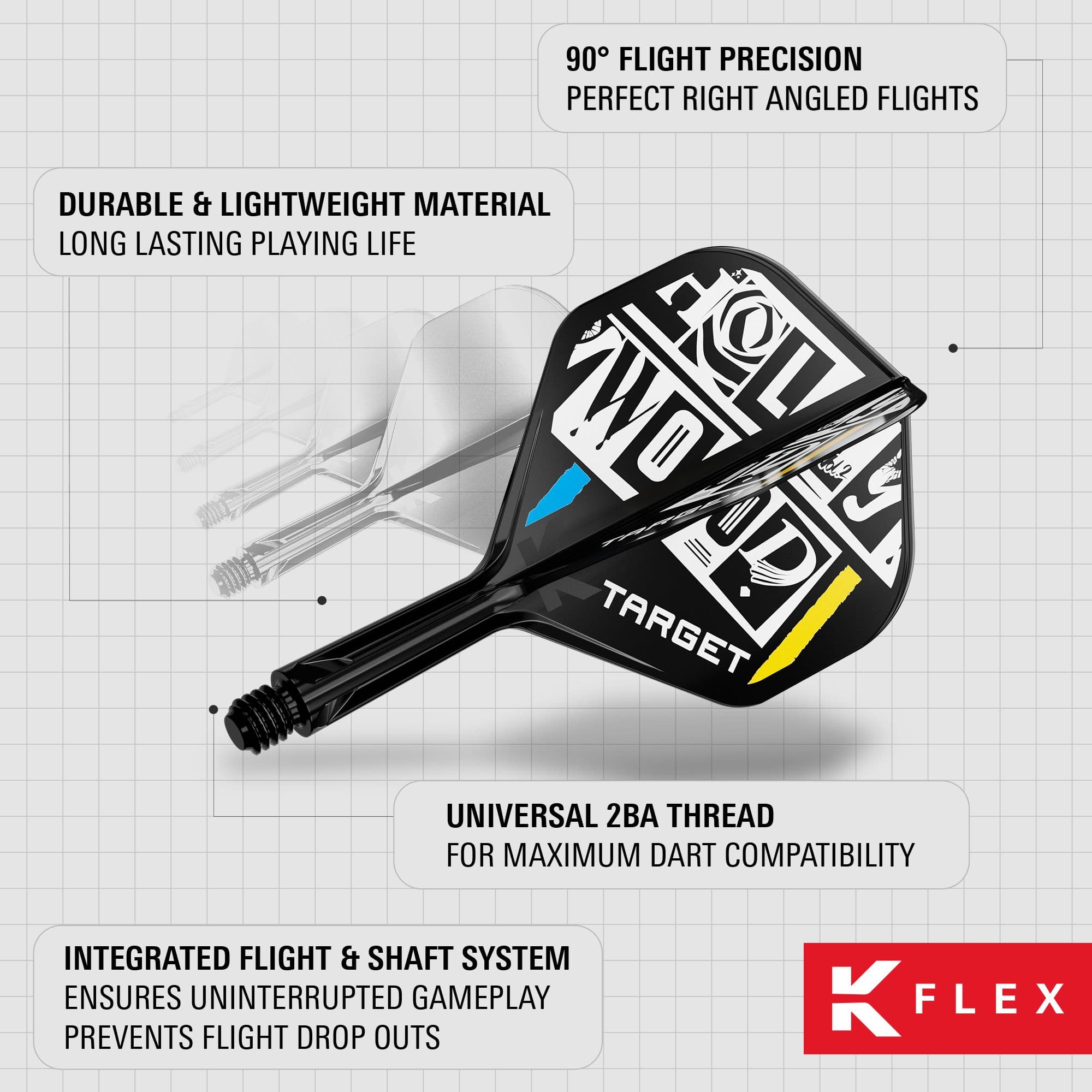 Target K-Flex Chris Dobey No2 Standaard Vluchtas Systeem Das Bild zeigt das Produkt "Target K-Flex Chris Dobey No2 Standard Flights" für Darts. Es hebt die langlebigen und leichten Materialien, die präzisen 90°-Flüge sowie das integrierte Flight- und Schaftsystem hervor.