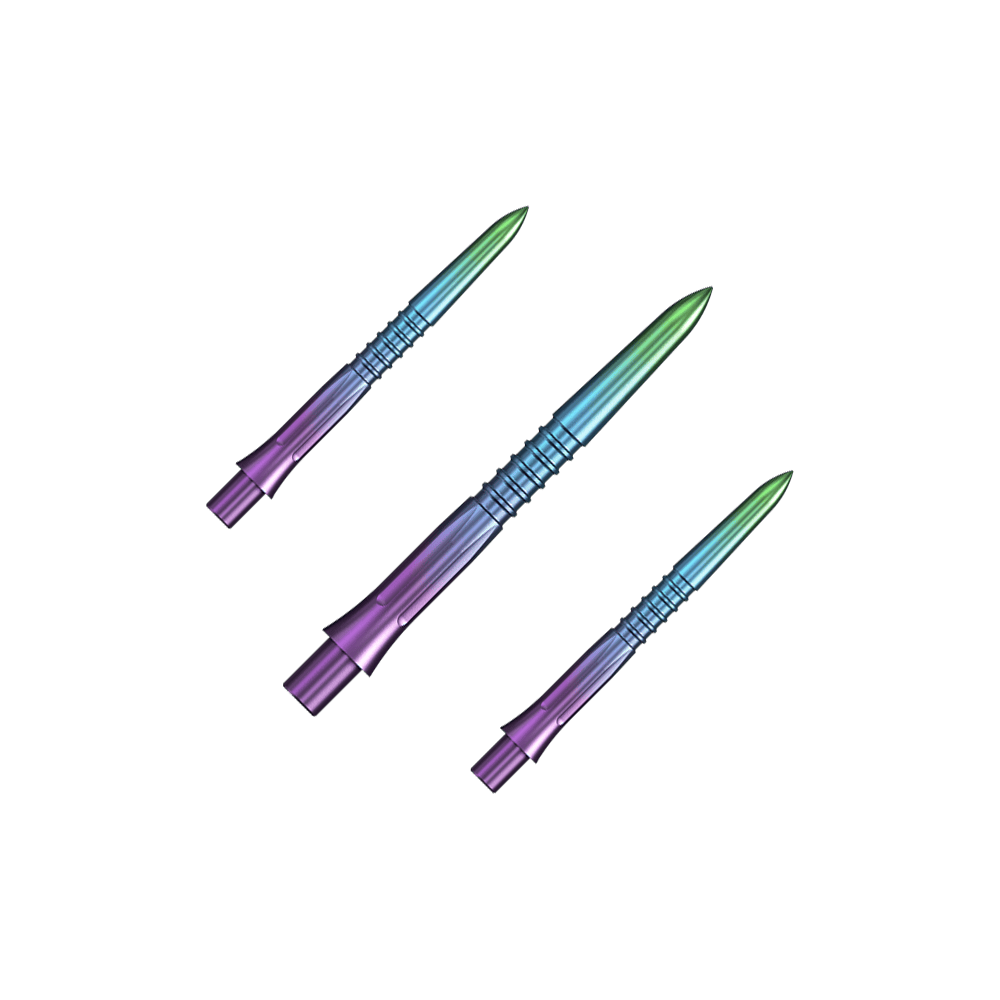 Das Bild zeigt Steeldartspitzen in Regenbogenfarben mit einer Länge von 26 mm. Es handelt sich um ein Set namens Mission Caliburn EVO GV1.