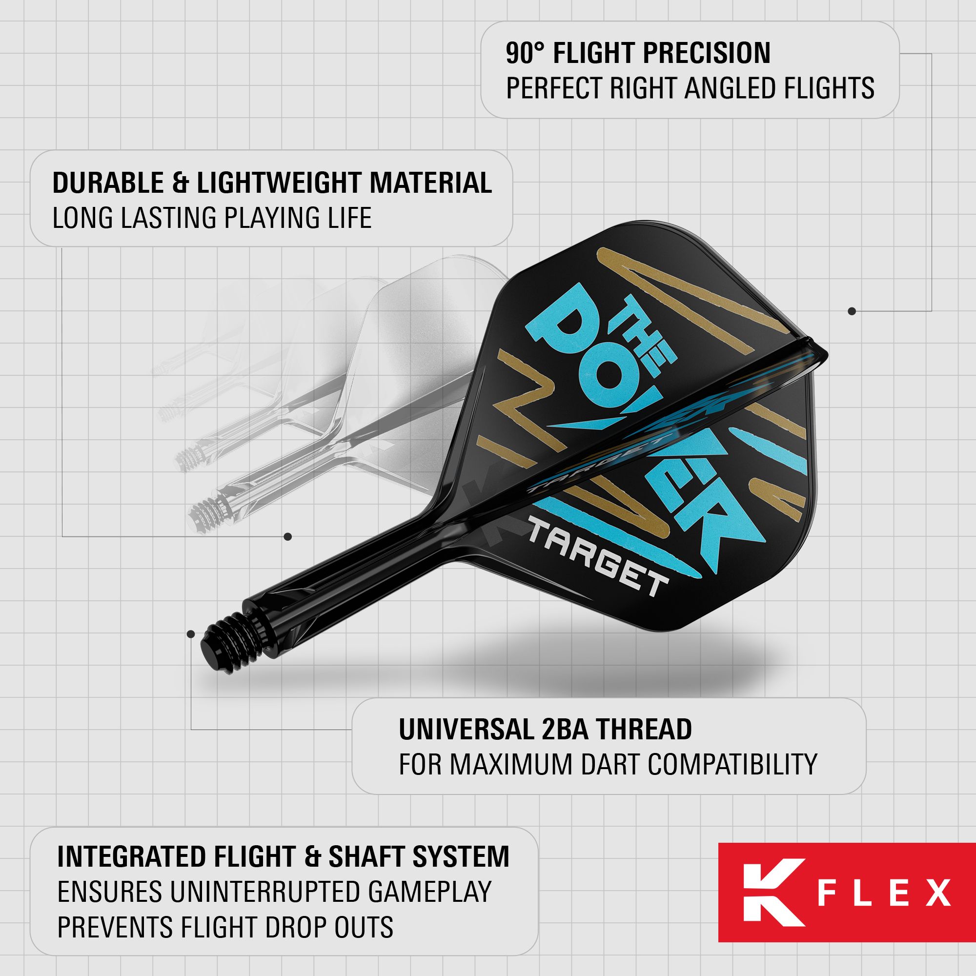 Target K-Flex Phil Taylor No2 Standaard Vluchtas Systeem Das Bild zeigt das Produkt "Target K-Flex Phil Taylor No2 Standard Flights" für Dartpfeile. Es hebt die langlebigen Materialien, die präzise 90°-Flugwinkel und das integrierte Flight- und Schaftsystem hervor.