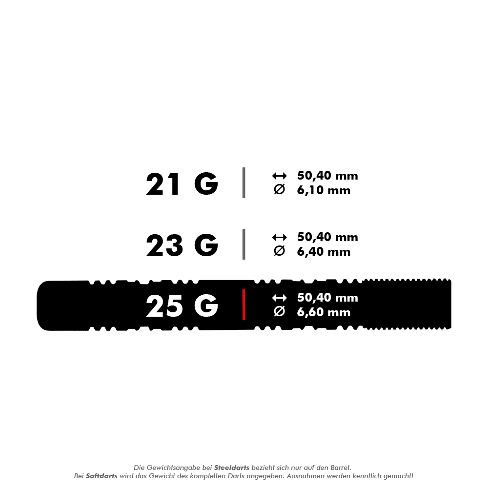 Unicorn The Machine James Wade Two-Tone Steel Darts Das Bild zeigt drei verschiedene Dartgewichte mit ihren jeweiligen Maßen. Die Gewichte sind 21 g, 23 g und 25 g, jeweils mit einer Länge von 50,40 mm und unterschiedlichen Durchmessern.