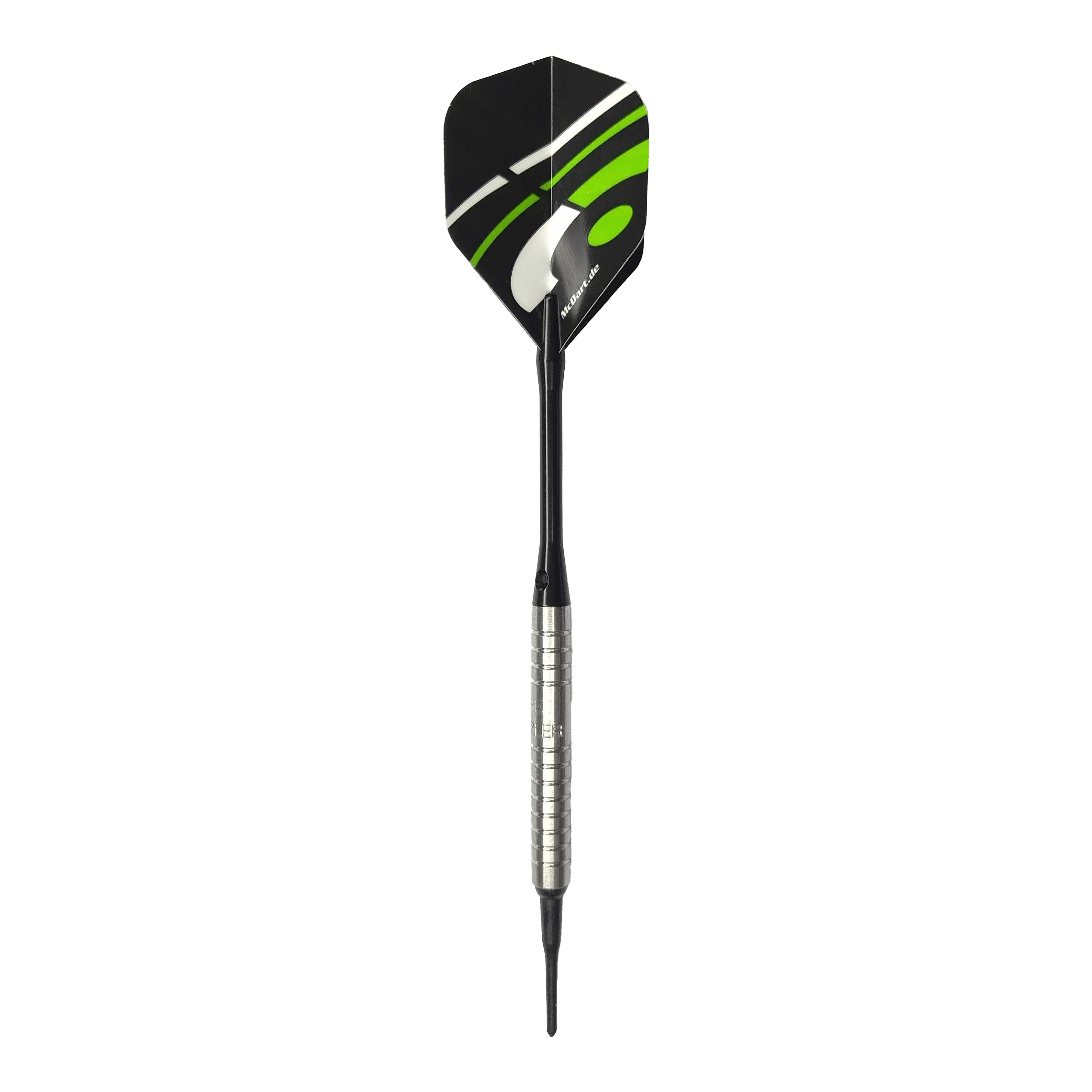 McDart 85 Tungsten V16 zachte darts - 16,5 g Das Bild zeigt einen McDart 85er Tungsten V16 Softdart mit einem Gewicht von 16,5g. Der Dart besitzt einen silbernen, gerillten Barrel und schwarze sowie grüne Akzente auf dem Flight.