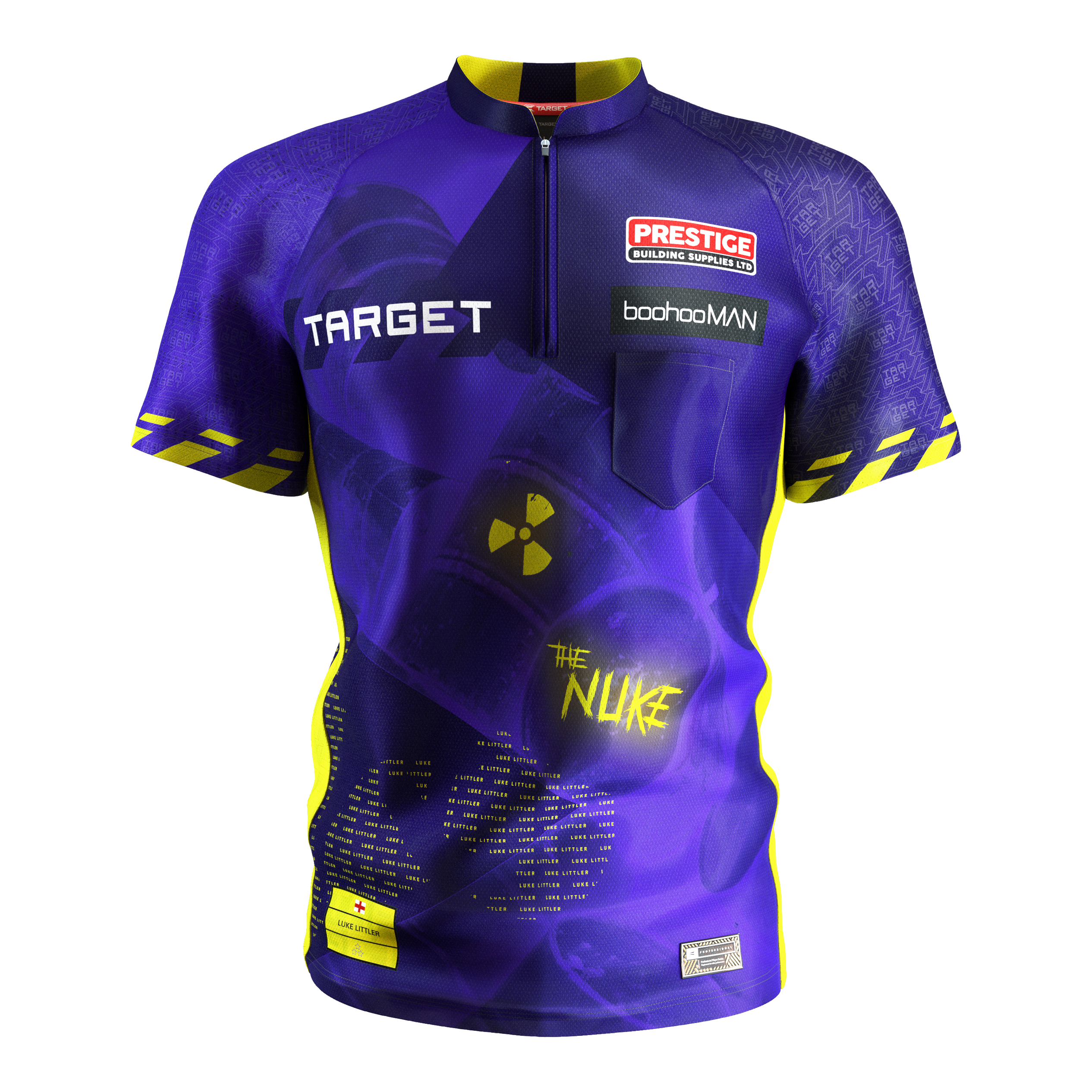 Target Coolplay Luke Littler 2025 dartshirt Das Bild zeigt das "Target Coolplay Luke Littler 2025 Dartshirt" in leuchtenden Lila- und Gelbtönen. Auf dem Shirt sind verschiedene Logos, Schriftzüge und ein auffälliges Symbol mit der Aufschrift „The Nuke“ zu sehen.
