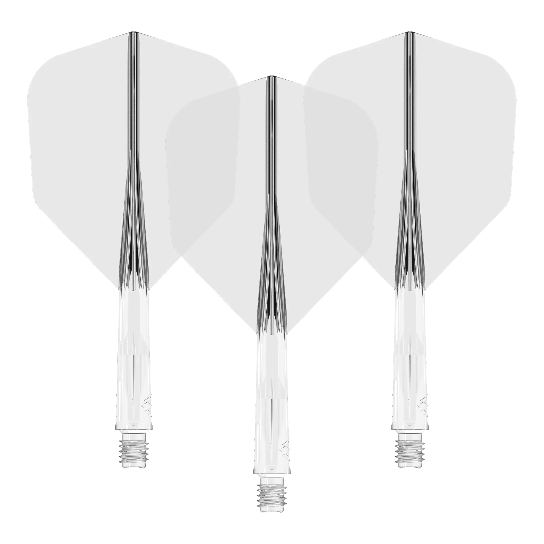 Mission Force 90 No6 Flight Shaft System - Doorzichtig Auf dem Bild sind drei klare Dart-Flights mit passenden transparenten Schäften zu sehen. Sie sind nebeneinander angeordnet und zeigen eine einheitliche, schlichte Optik.