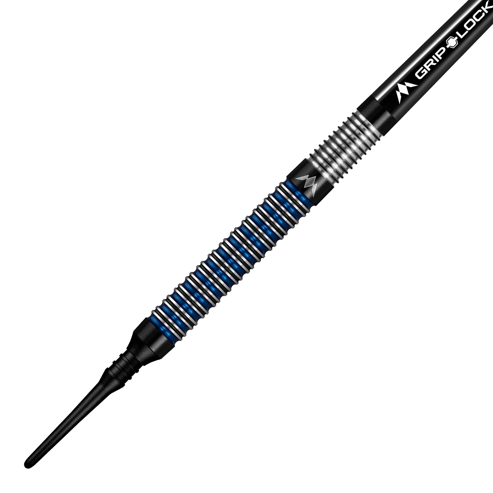 Mission Nightfall Model 1 zachte darts Das Bild zeigt einen Mission Nightfall Model 1 Softdart mit einem schwarzen und blauen Ringdesign am Griff. Der Dart besitzt eine feine Riffelung für besseren Halt und eine schwarze Softspitze.