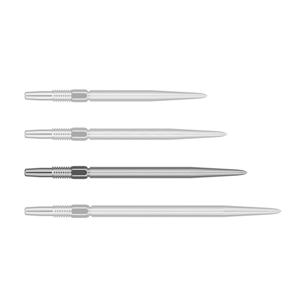 Target Swiss Point Nano Dartpunten - Zilver Auf dem Bild sind vier silberne Dartspitzen in einer Reihe zu sehen. Sie liegen nebeneinander und sind identisch in Form und Größe.
