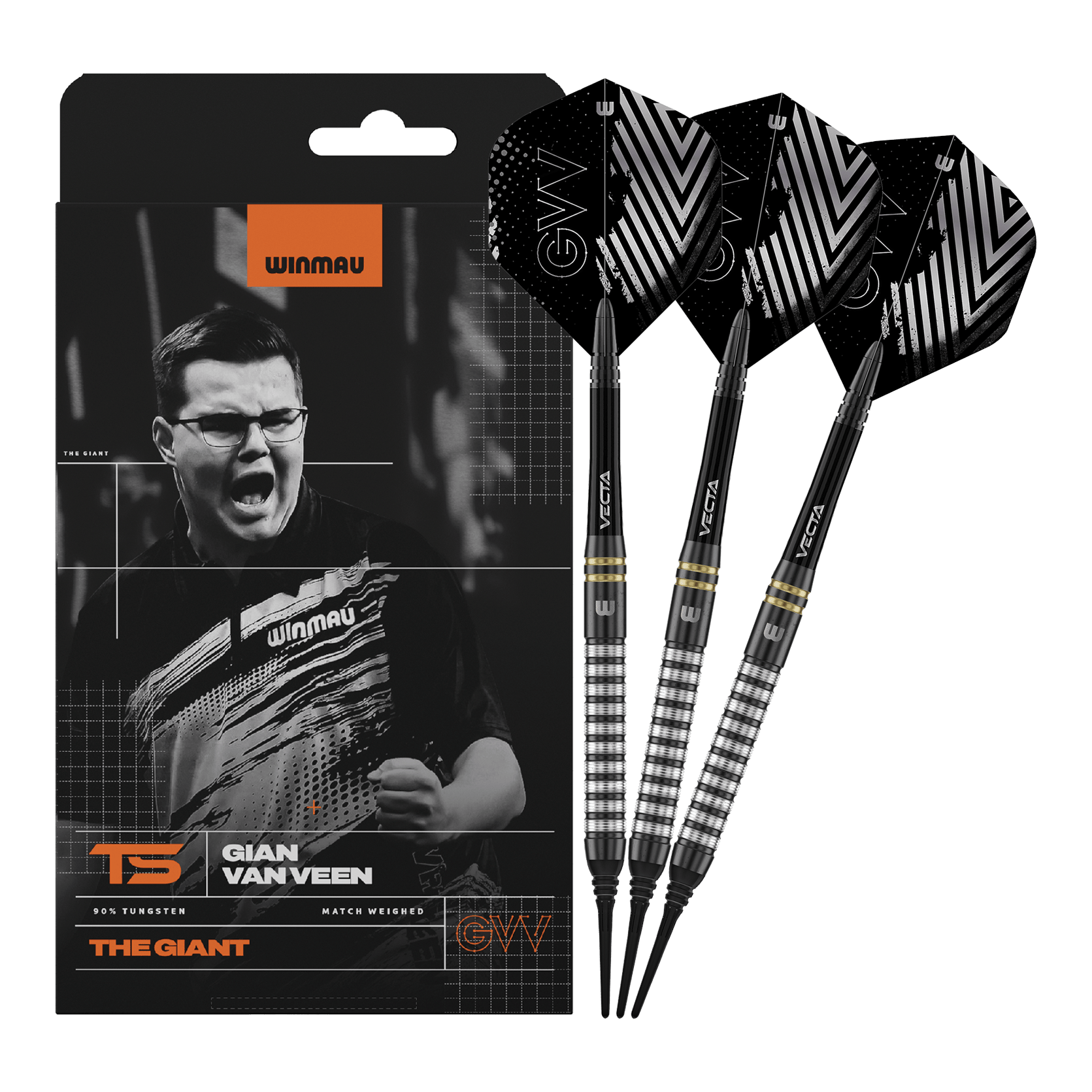 Winmau Gian Van Veen TS zachte dartpijlen - 18g Winmau Gian Van Veen TS Softdarts mit 18g werden komplett dargestellt. Alle drei Darts sind zusammen zu sehen.
