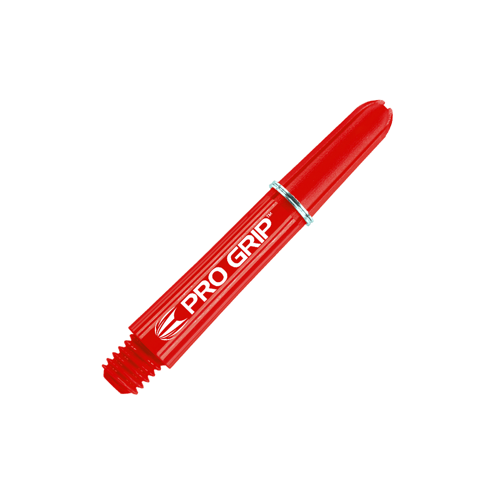 Target Pro Grip Shafts - 3 sets - Rood Das Bild zeigt einen roten Dartshaft mit der Aufschrift „PRO GRIP“. Der Schaft hat einen silbernen Ring in der Mitte.