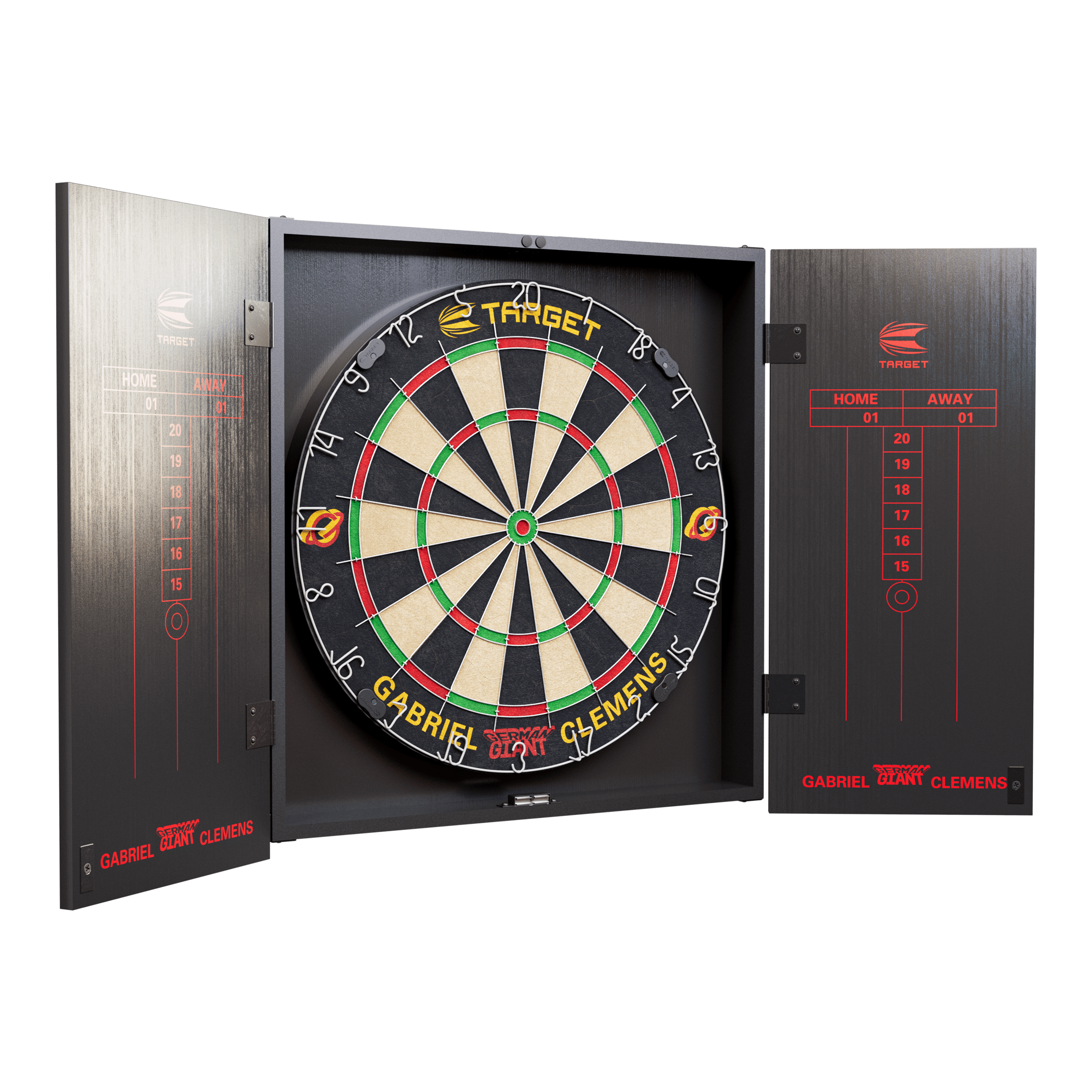 Das Bild zeigt das "Target Gabriel Clemens Kabinet Dartboard Set" mit einem Dartboard in einem schwarzen Schrank. Auf den Innenseiten der Türen befinden sich Punktetafeln und der Name Gabriel Clemens ist auf dem Dartboard zu sehen.