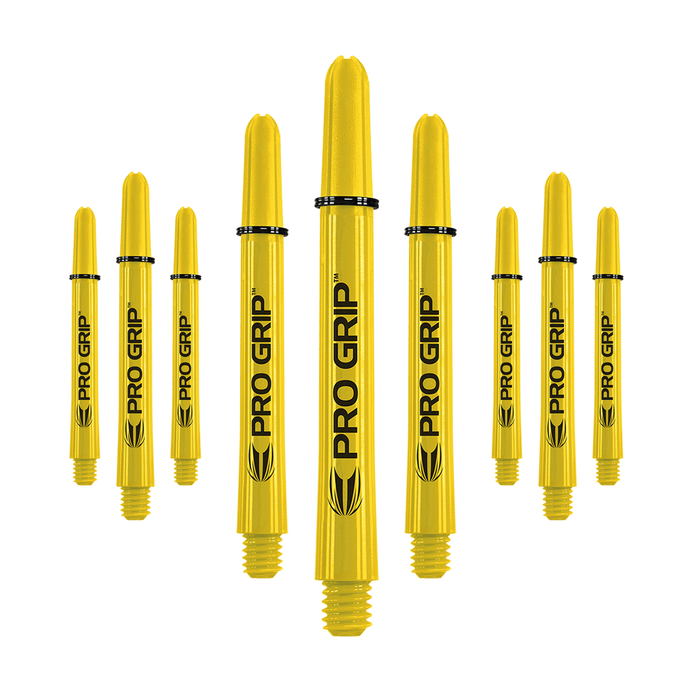 Target Pro Grip Shafts - 3 sets - Geel Das Bild zeigt neun gelbe Dartschäfte mit der Aufschrift "PRO GRIP". Sie sind in drei Reihen angeordnet und haben schwarze Ringe zur Befestigung.