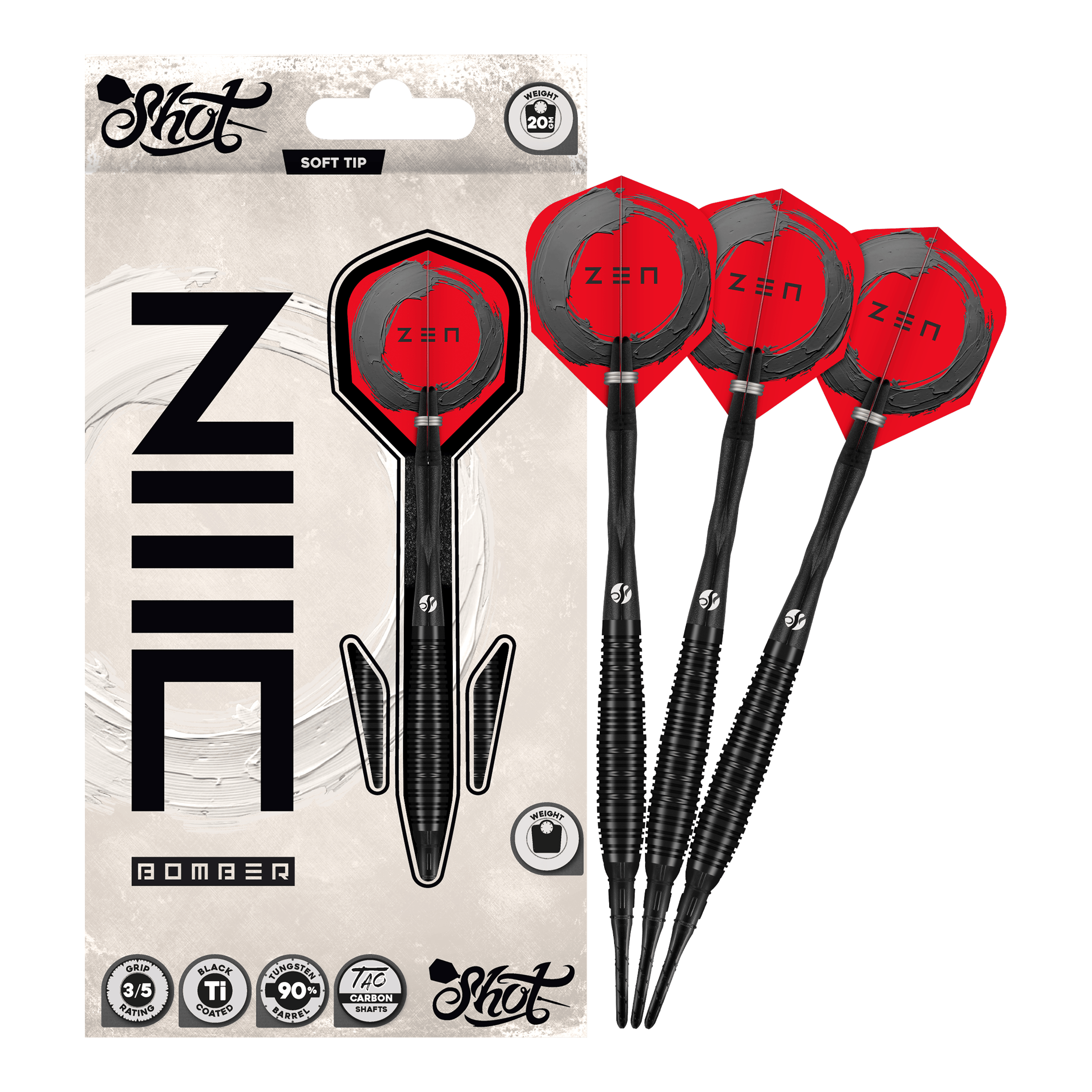 Shot ZEN Bomber softdarts - 20g Zu sehen sind die Shot ZEN Bomber Softdarts - 20g. Sie zeichnen sich durch ihre spezielle Form und das ansprechende Aussehen aus.