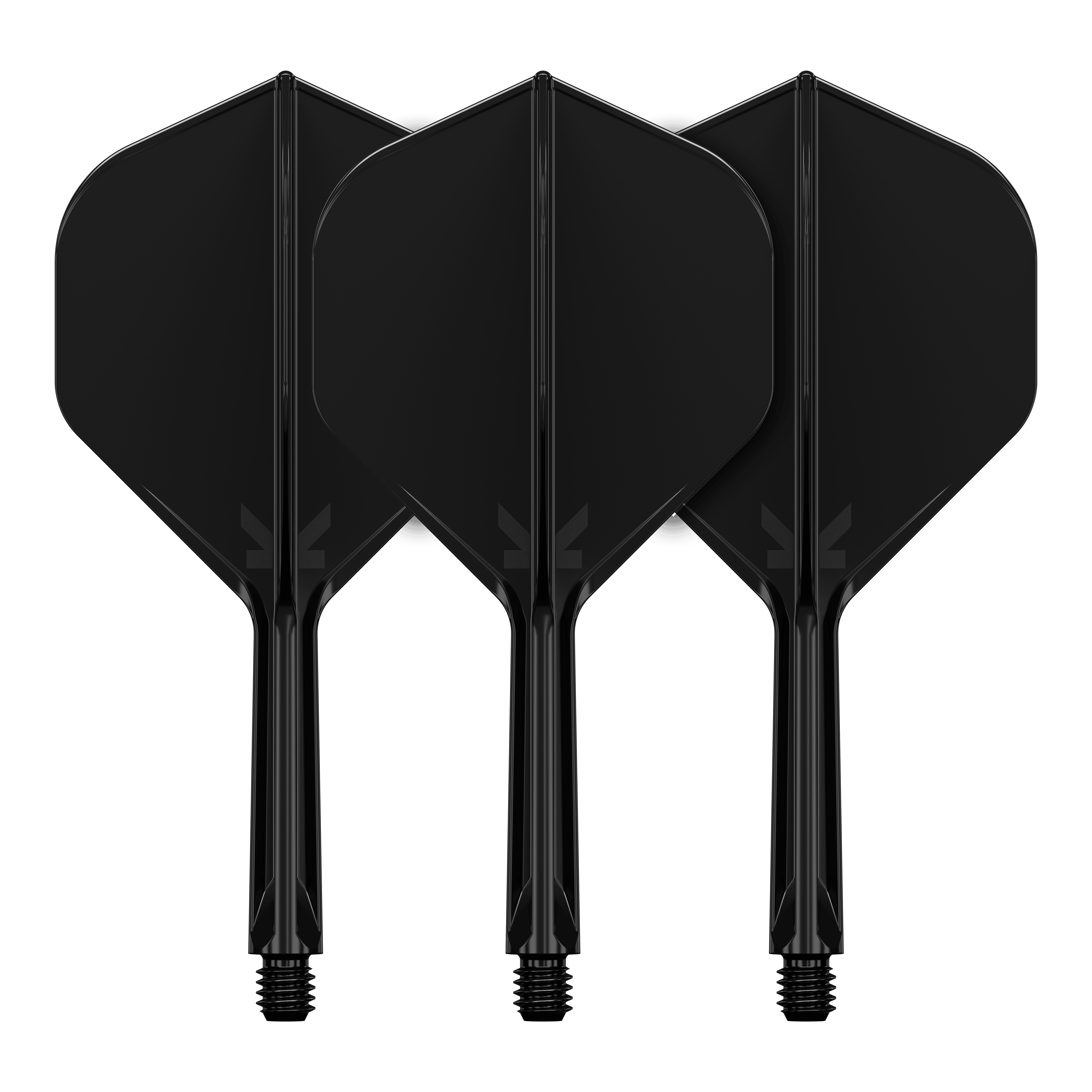 Target K-Flex No2 Standaard Vluchtsysteem - Zwart Das Bild zeigt drei schwarze Dartflights mit integrierten Schäften. Sie sind nebeneinander angeordnet und haben ein schlichtes, einfarbiges Design.