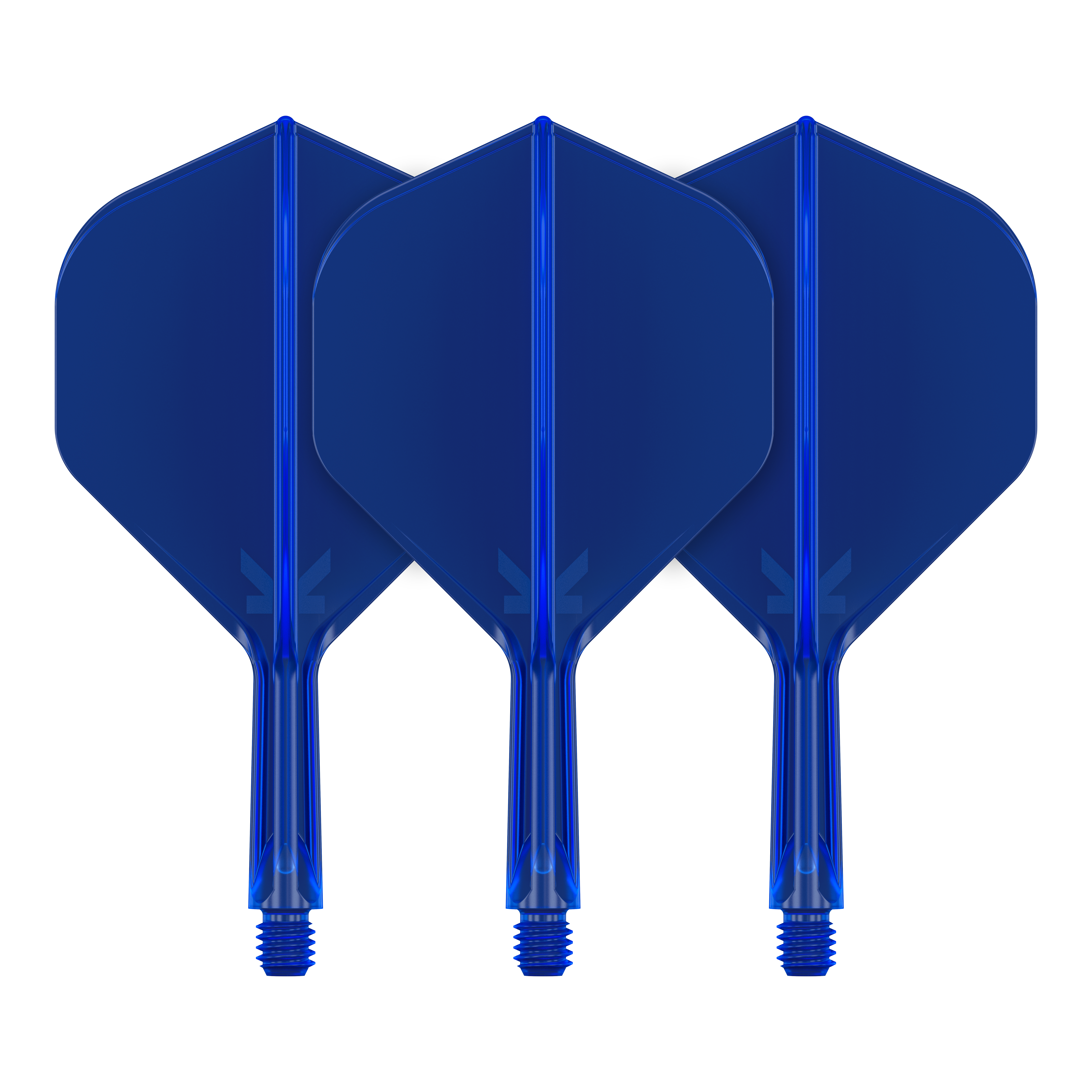 Target K-Flex No2 Standaard Vluchtsysteem - Blauw Auf dem Bild sind drei blaue Dart-Flights zu sehen. Sie stehen nebeneinander und haben eine standardmäßige Form.