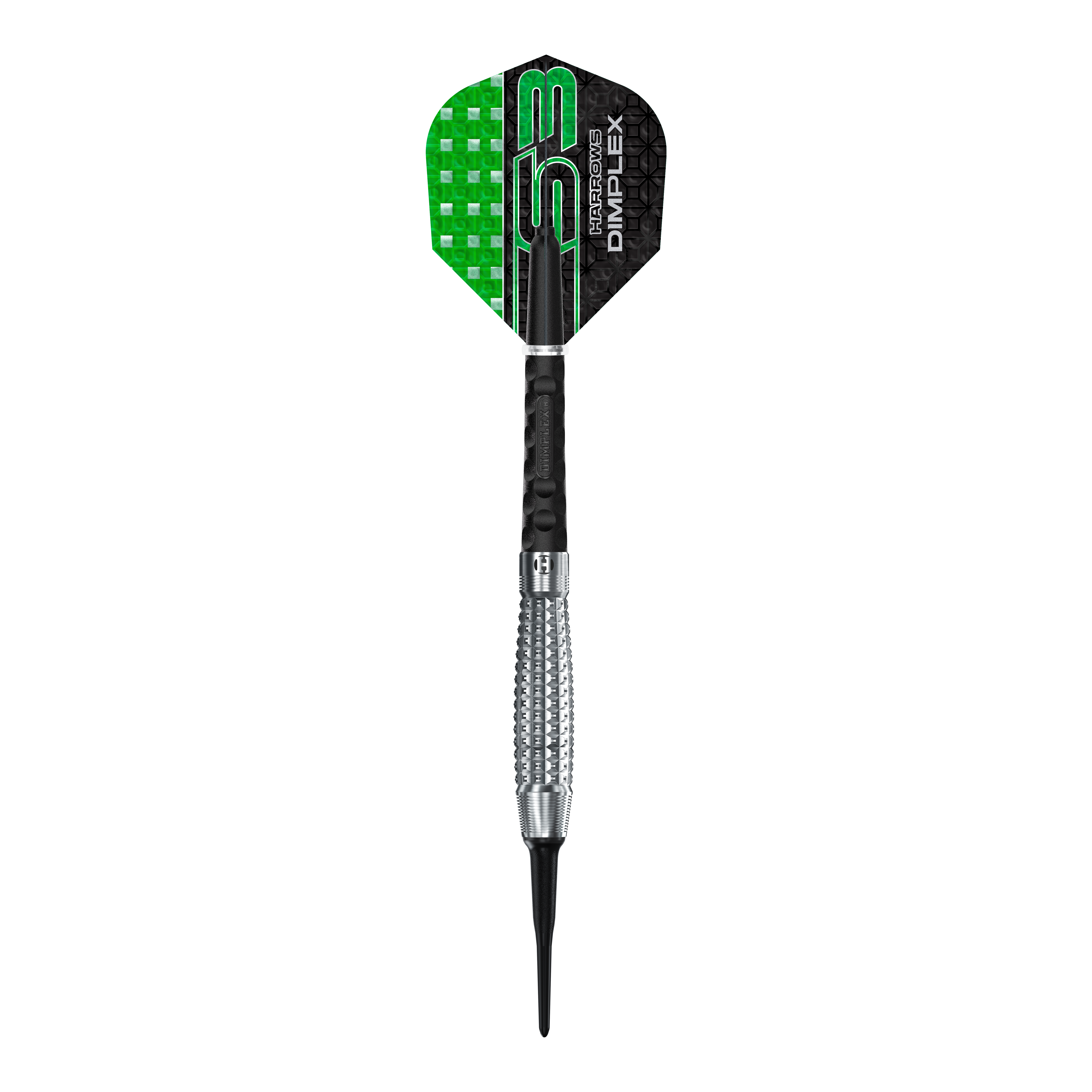 Harrows Dimplex S3 Bomb zachte darts Das Bild zeigt einen Harrows Dimplex S3 Bomb Softdart. Der Dart hat eine schwarze und grüne Flight sowie einen silbernen, geriffelten Barrel.