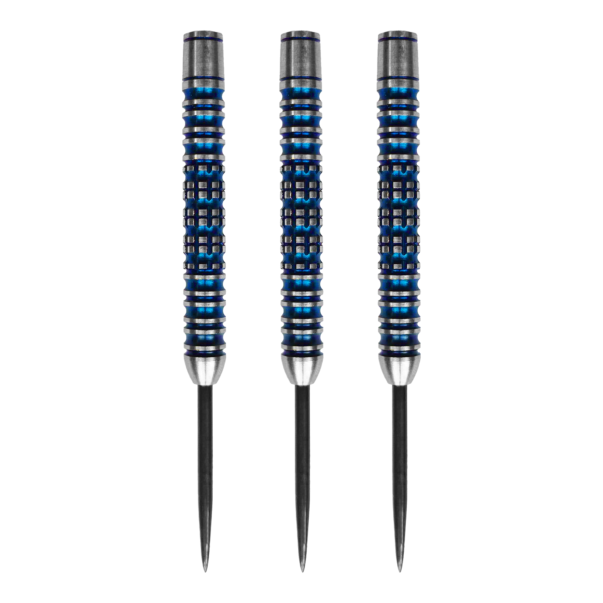 McDart Ocean Steeldart Vaten - 23g Das Bild zeigt drei McDart Ocean Steeldart Barrels mit einem Gewicht von 23g. Die Barrels sind silberfarben mit blauen Rillen und haben eine strukturierte Oberfläche.