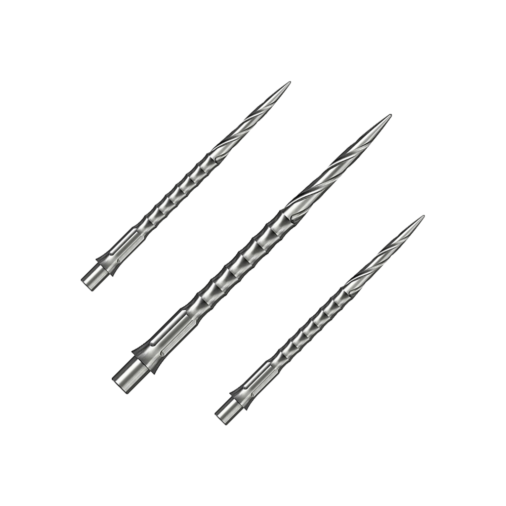 Caliburn System stalen dartpunten - Spiro - NoLip - zilver Das Bild zeigt vermutlich eine Steeldartspitze aus Silber mit einer Länge von 36 mm. Es handelt sich um eine Spiro NoLip Spitze aus dem Caliburn Evo System.