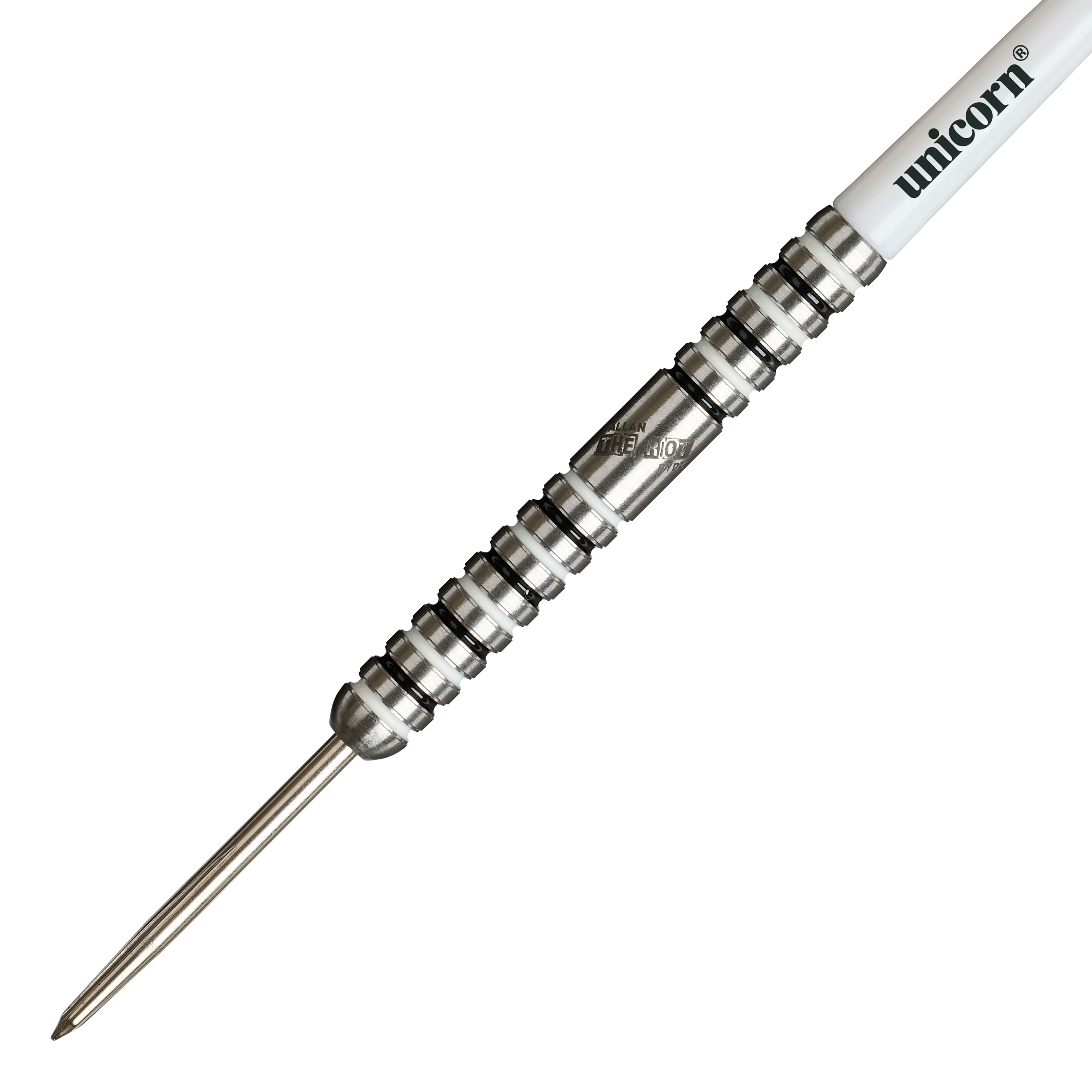 Das Bild zeigt einen silbernen Steeldart mit auffälligen Rillen und dem Markennamen "Unicorn" auf dem weißen Schaft. Es handelt sich um das Modell "Unicorn Callan Rydz The Riot Phase 2 Steeldarts".