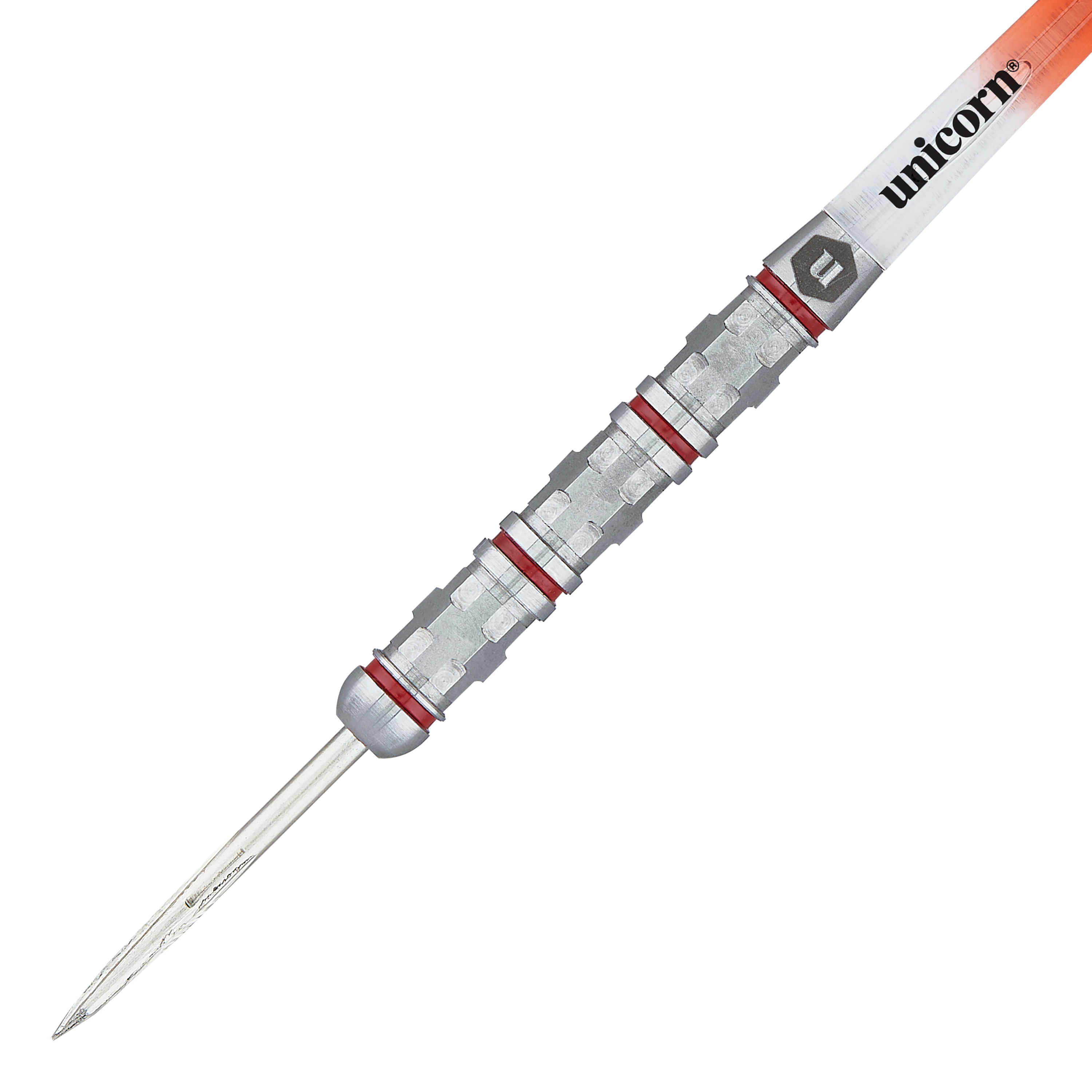 Unicorn Ballista Style 4 stalen darts Das Bild zeigt einen Unicorn Ballista Style 4 Steeldart. Der Dartpfeil hat ein silbernes, geriffeltes Griffstück mit roten Ringen und einer Spitze aus Metall.