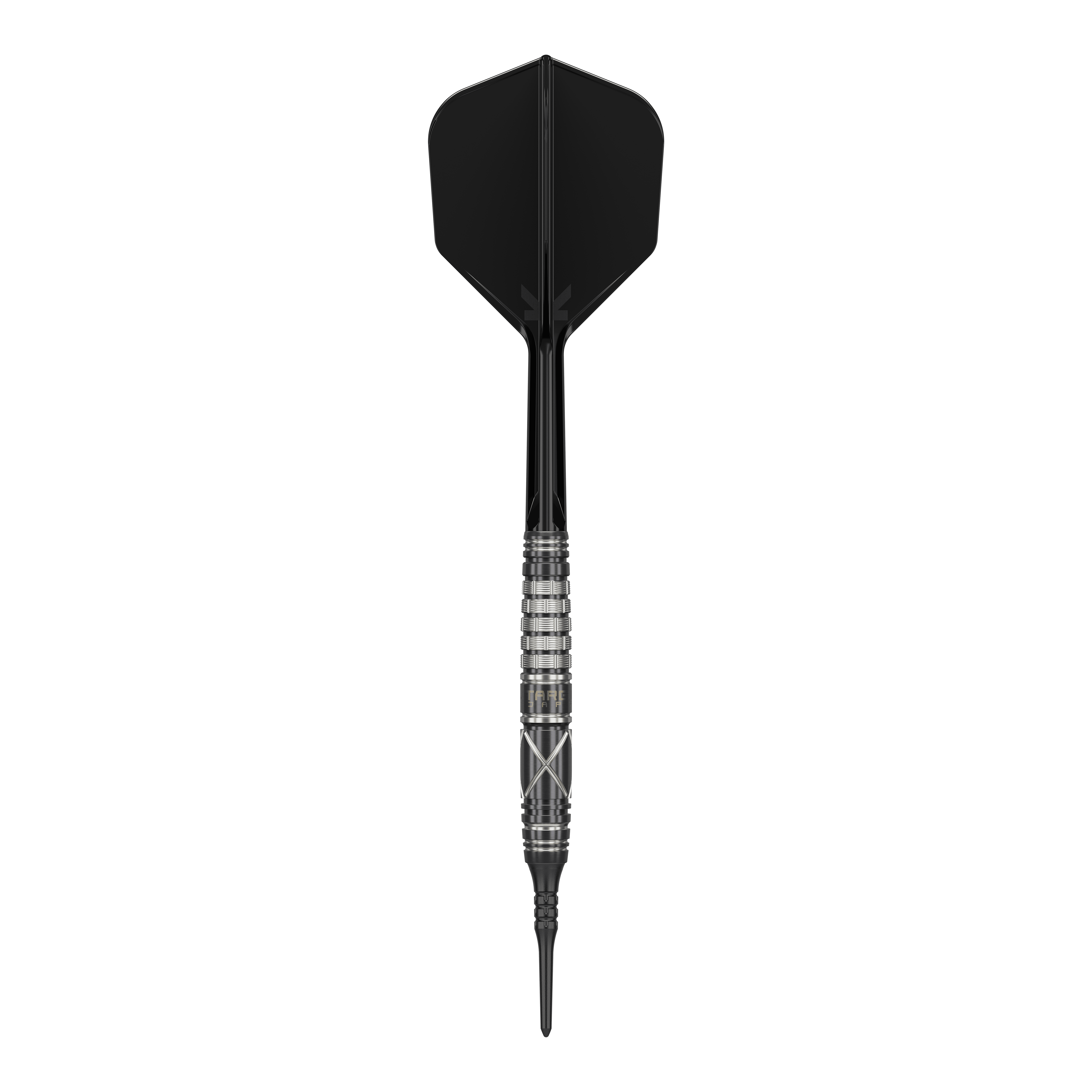 Target Japan Black Marque Chaos 2 Soft Darts - 19g Das Bild zeigt einen Softdart namens "Target Japan Black Marque Chaos 2" mit einem Gewicht von 19 Gramm. Der Dart hat ein elegantes, schwarzes Design mit silbernen Akzenten am Griff.