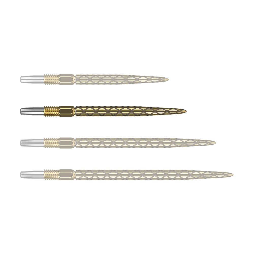 Target Swiss Diamond Pro Gold dartpunten Das Bild zeigt vier goldfarbene Dartspitzen mit silberner Spitze, die nebeneinander liegen. Die Oberflächen der Dartspitzen haben ein rautenförmiges Muster.