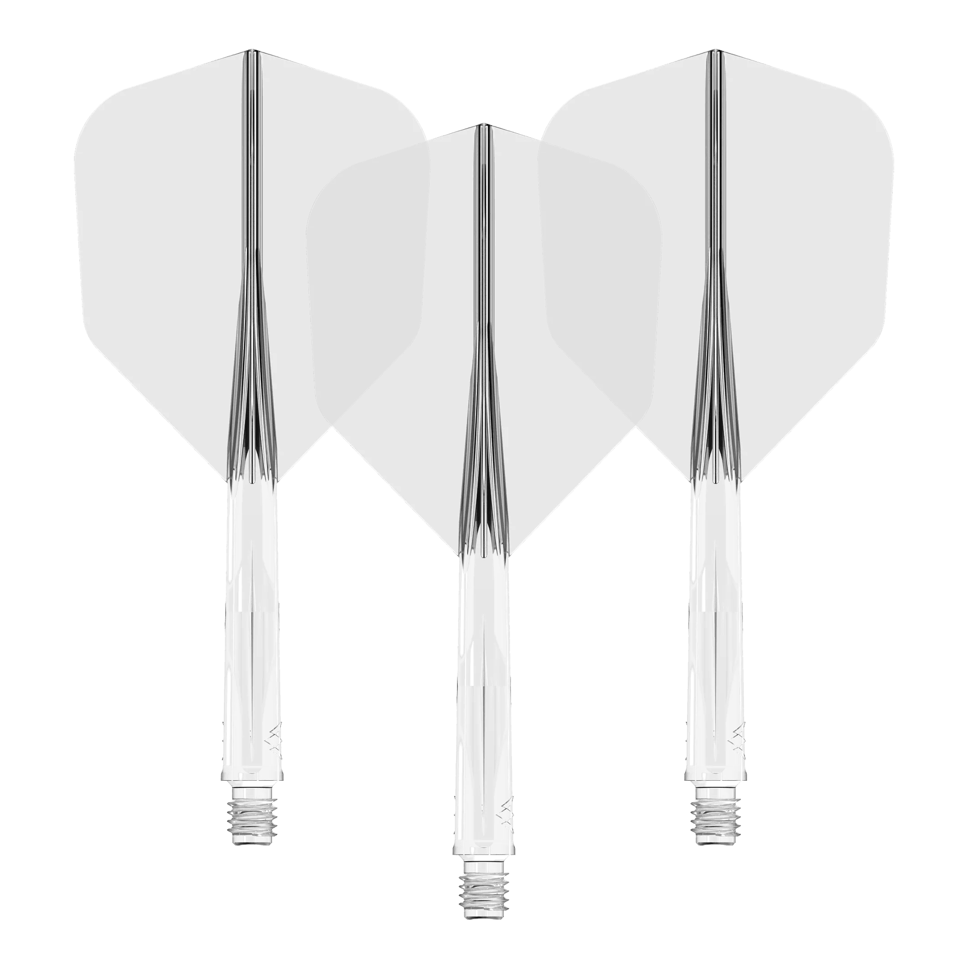 Mission Force 90 No6 Flight Shaft System - Doorzichtig Das Bild zeigt drei durchsichtige Dartschäfte mit weißen Flights. Sie sind nebeneinander in einer Reihe angeordnet.