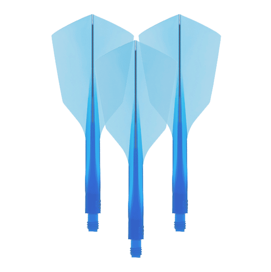 Condor Ax 120 Flight System Helderblauw - Smal Das Bild zeigt drei blaue Dart-Flights mit integriertem Schaft. Es handelt sich um das Produkt "Condor Axe 120 Flight-System Clear Blue - Narrow".