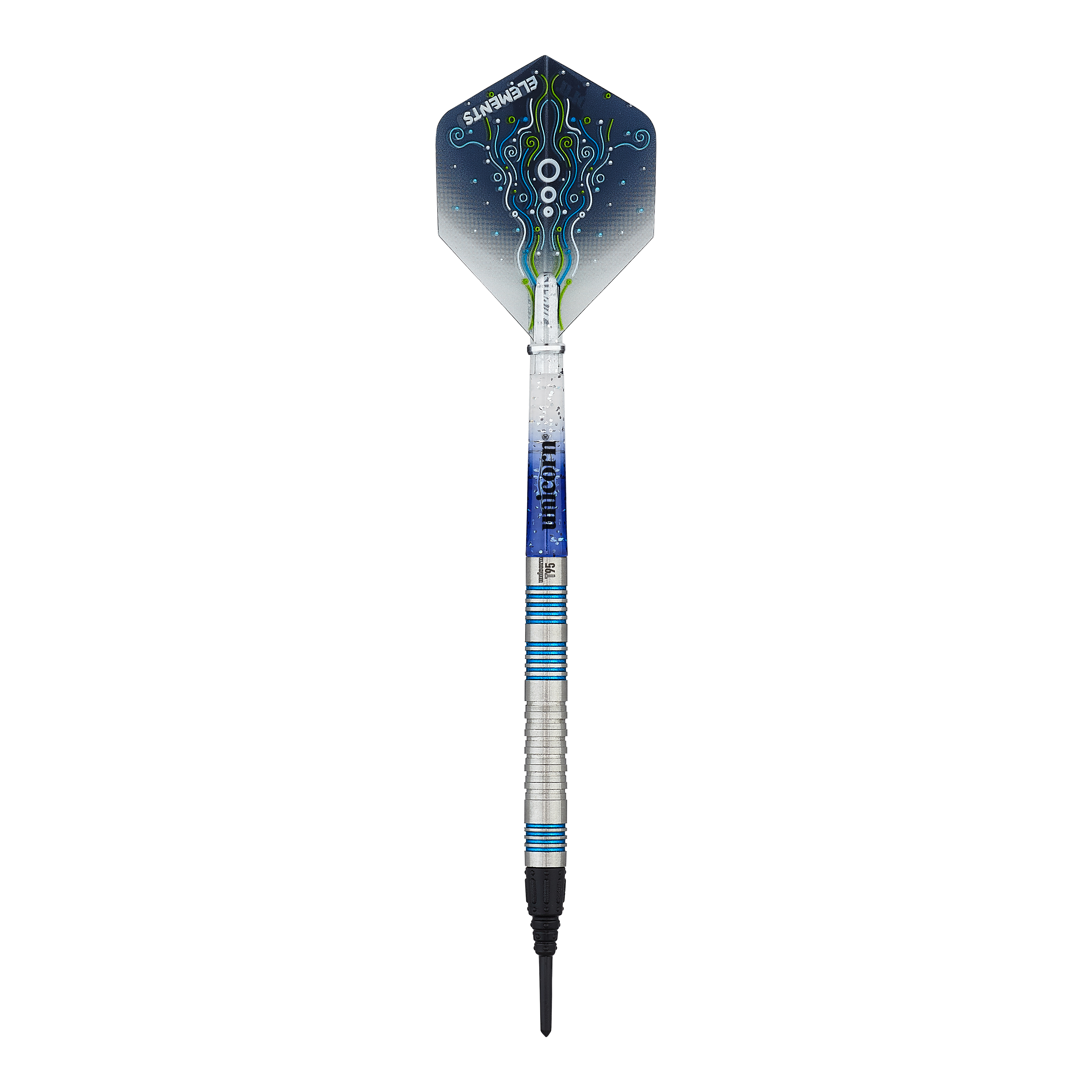 Unicorn T95 Core XL Blauwe zachte darts Das Bild zeigt einen Unicorn T95 Core XL Blue Softdart. Der Dartpfeil hat blaue und silberne Akzente sowie ein grafisch gestaltetes Flight-Design.