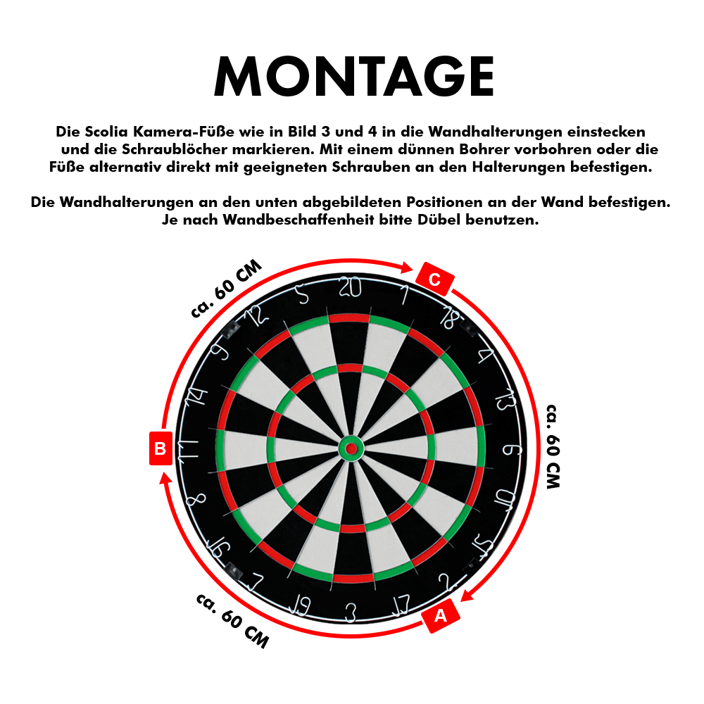 MC_Scolia_Abstandshalter_zur_Wandmontage_5 Das Bild zeigt den "Scolia Abstandshalter zur Wandmontage für Scolia Home 1". In der Mitte ist eine Dartscheibe abgebildet, umgeben von einem rot markierten Abstandshalter mit den Maßen von ca. 60 cm.