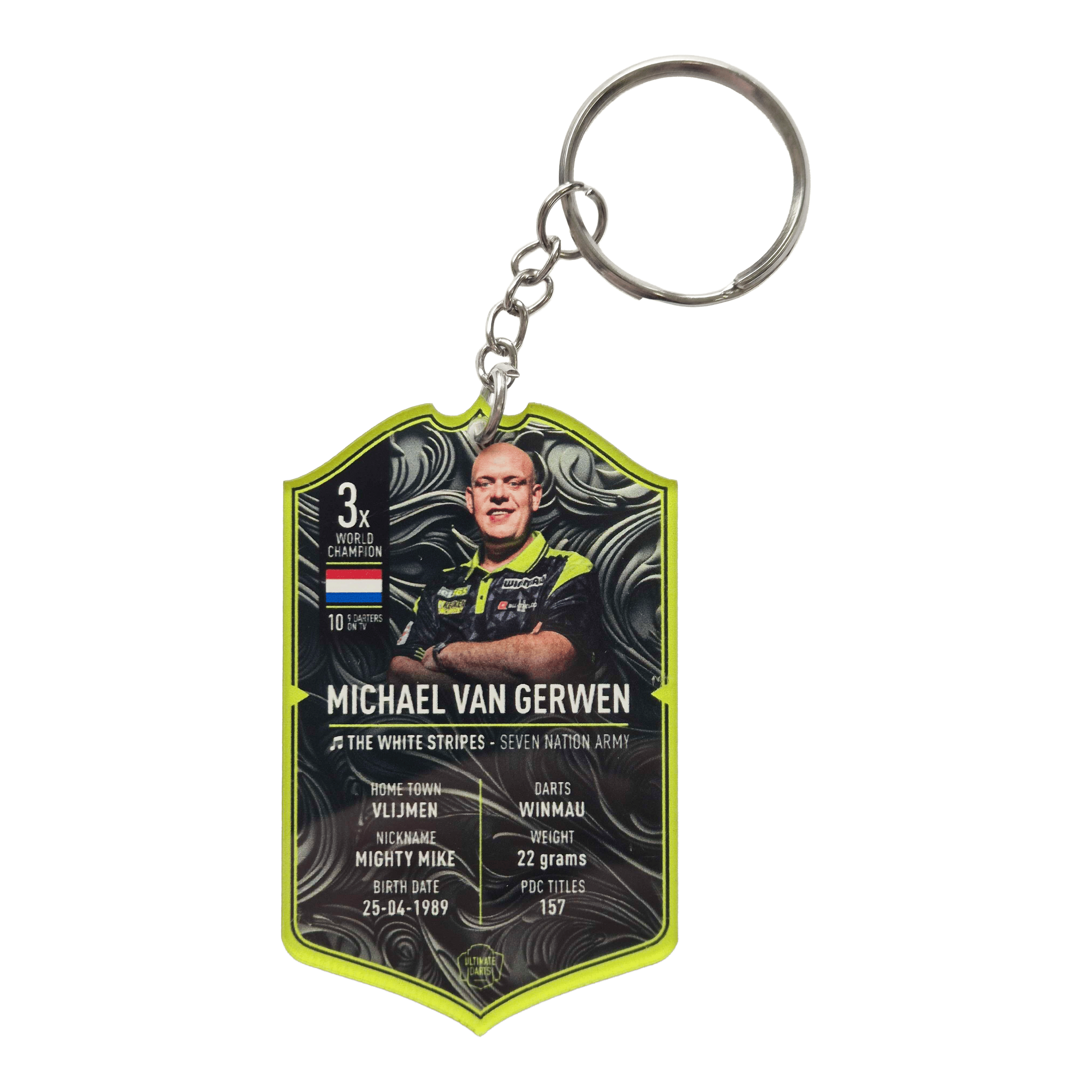 Ultimate Darts Card Schlüsselanhänger - Michael Van Gerwen ist zu sehen. Der Schlüsselanhänger zeigt ein Motiv des berühmten Dartspielers Michael Van Gerwen.