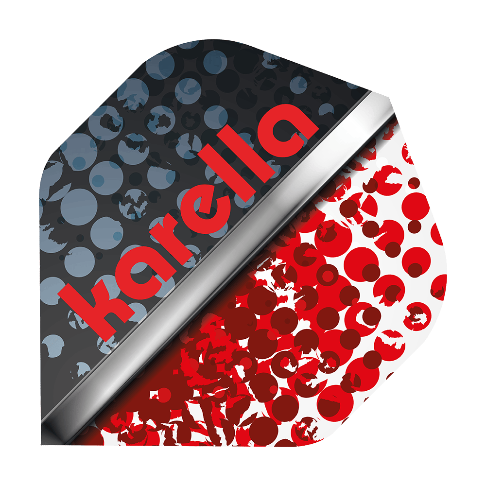 8032-12_Karella_XT-5_No2_Standard_Flights_1 Das Bild zeigt ein Dartflight-Design mit der Aufschrift "Karella" in roten Buchstaben. Die eine Hälfte ist dunkel mit blauen Punkten, die andere Hälfte ist weiß mit roten Punkten gestaltet.