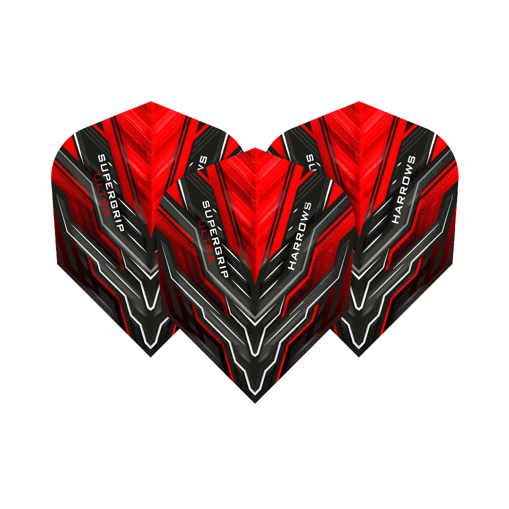 HR9_Harrows_Supergrip_Ultra_Red_Standard_Flights_1ZU7mfzcuGrVAC Das Bild zeigt drei rote Dart-Flights der Marke "Harrows Supergrip Ultra". Die Flights haben ein auffälliges schwarz-rotes Design mit weißen Akzenten.