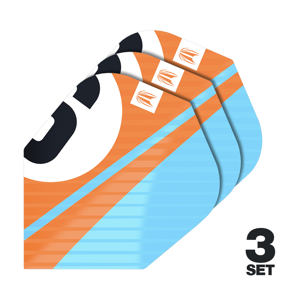Target Pro Ultra Chicane Oranje No6 Flights - 3 sets Das Bild zeigt drei Sets von Target Pro Ultra Chicane Orange No6 Flights für Dartpfeile. Die Flights sind in Orange, Blau und Schwarz gestaltet und tragen das Target-Logo.