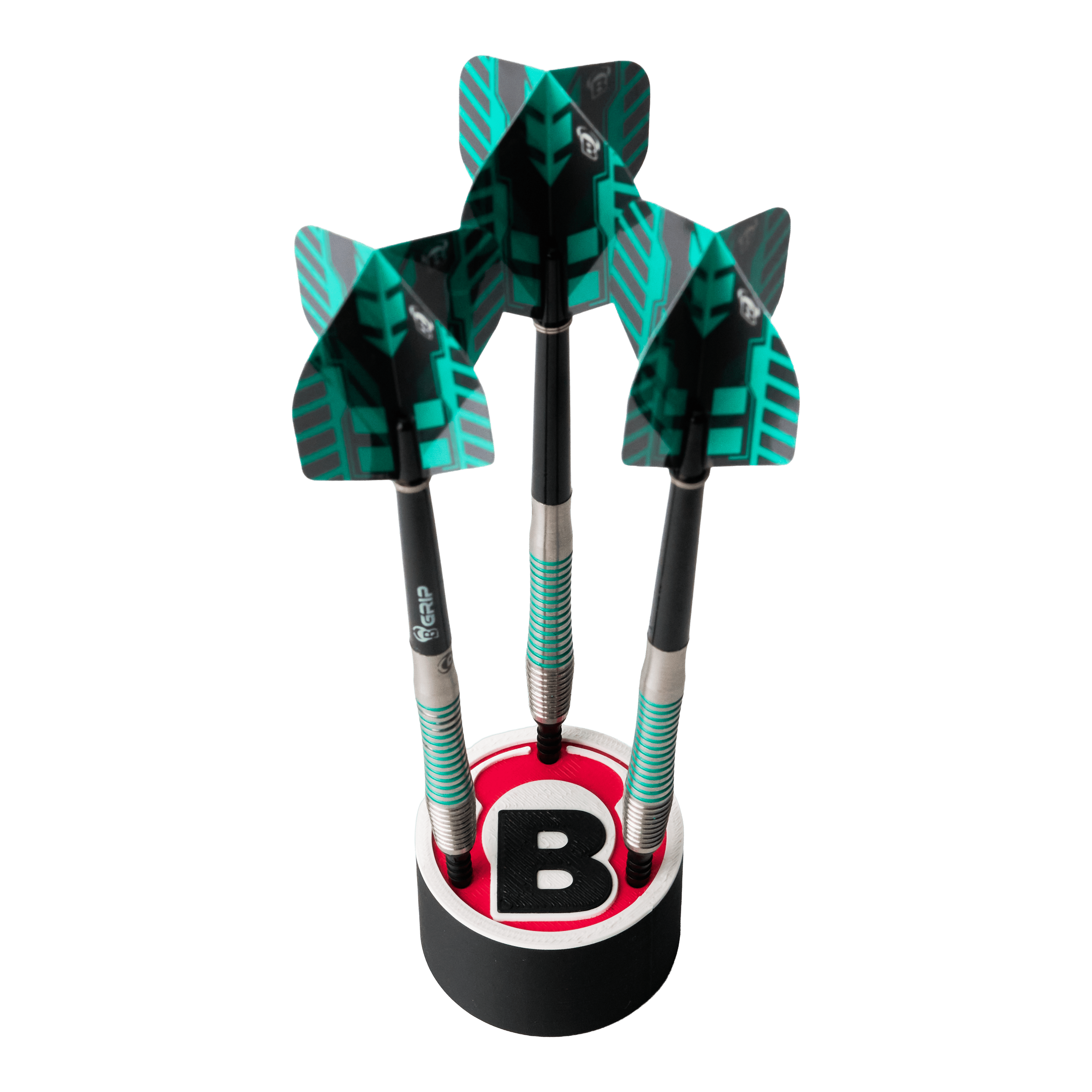Bulls Dart Holder Logo Rond Das Bild zeigt drei Darts, die in einem runden Halter mit dem Bulls-Logo stehen. Die Flights der Darts sind schwarz und grün gemustert.