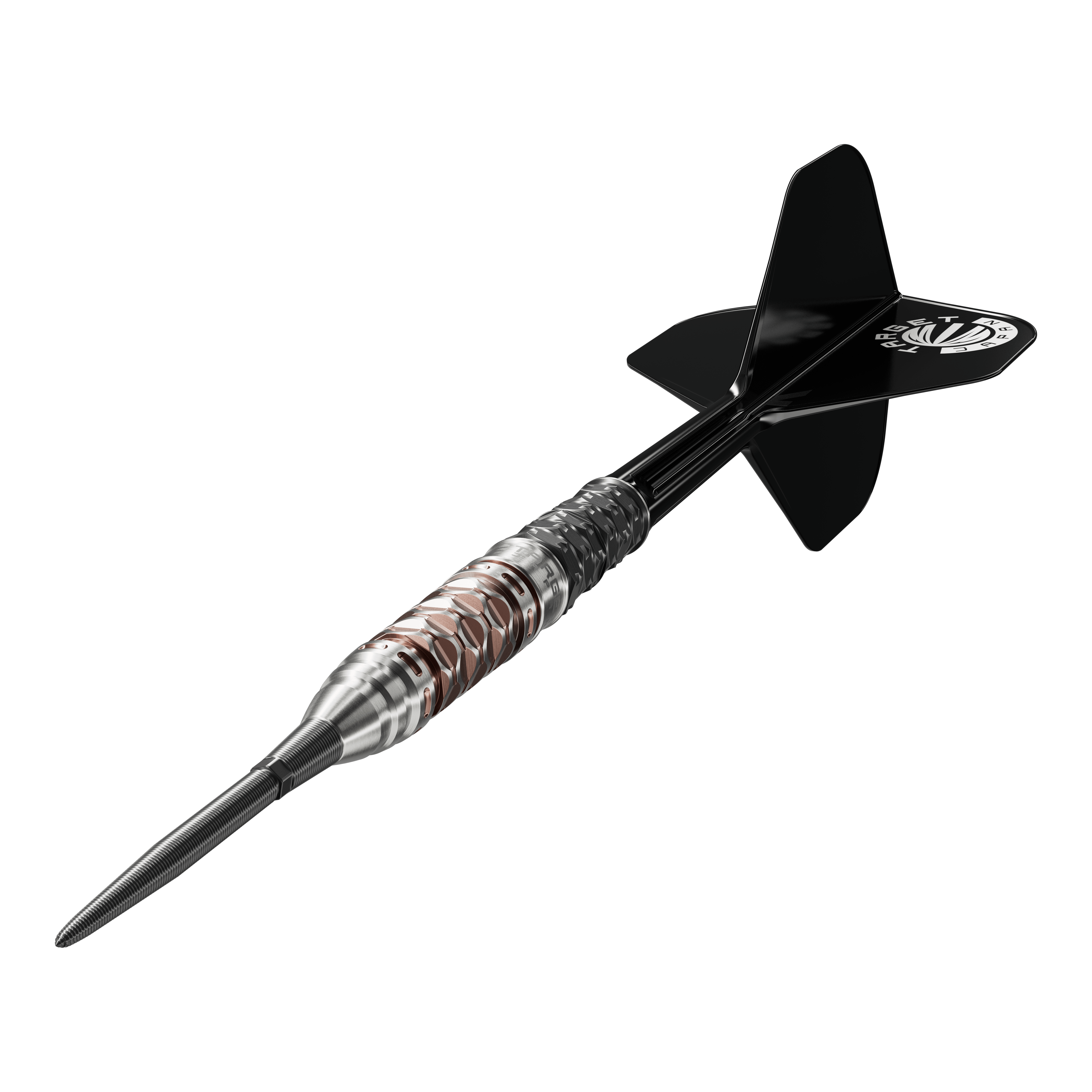 Die Target Japan Charis GEN6 Swiss Point Steeldarts - 23g werden hier abgebildet. Man erkennt das schlanke Barrel und die präzise Verarbeitung.