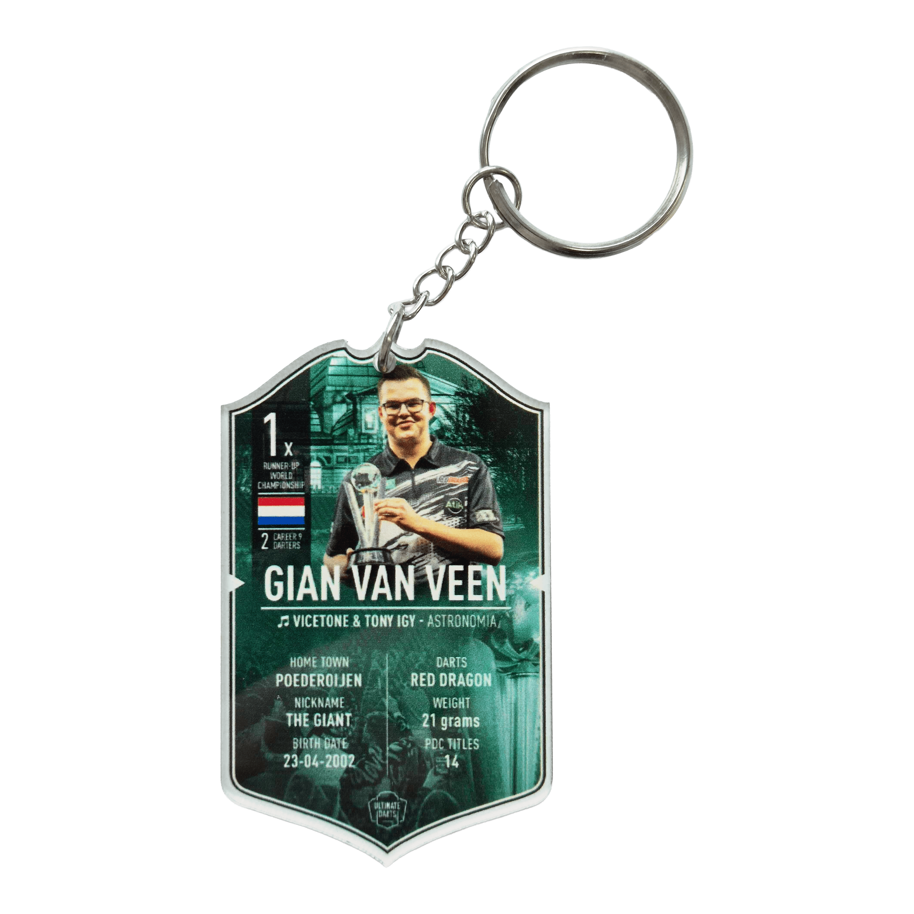 Ultieme dartkaart sleutelhanger - Gian Van Veen Ultimate Darts Card Schlüsselanhänger - Gian Van Veen ist abgebildet. Es handelt sich um einen Schlüsselanhänger mit dem Bild des Dartspielers Gian Van Veen.