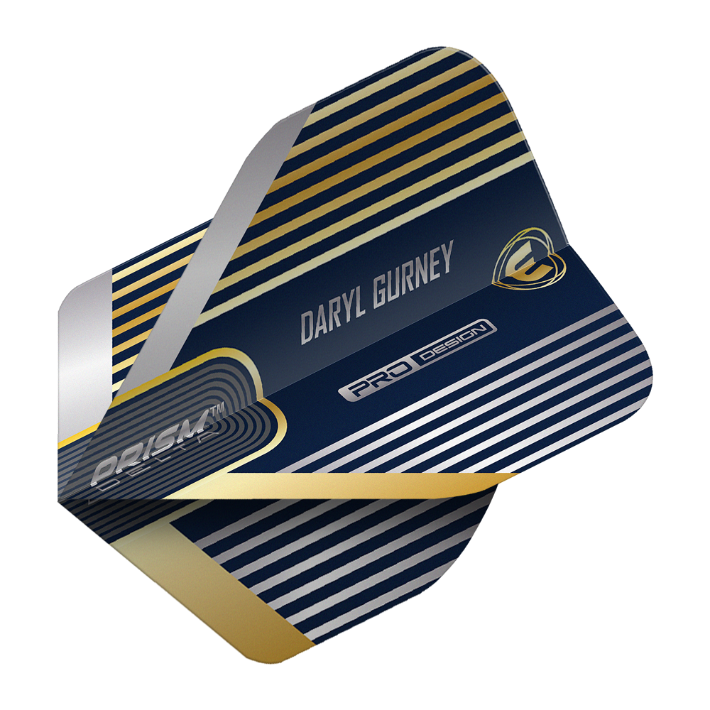 Das Bild zeigt ein Dartflight mit dem Namen "Winmau Prism Delta Daryl Gurney No2 Standard Flights". Das Design ist dunkelblau mit silbernen und goldenen Streifen sowie dem Schriftzug "Daryl Gurney".