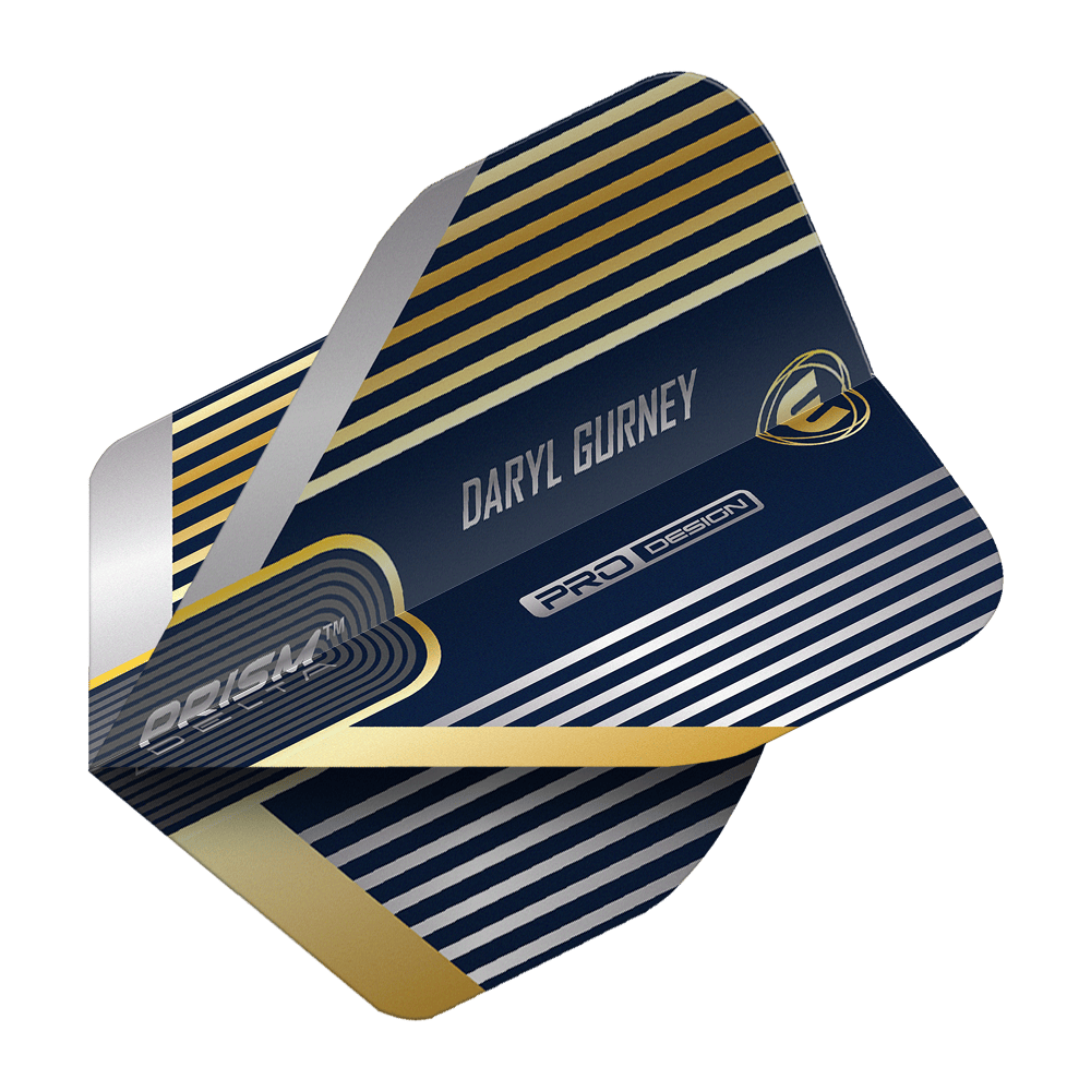 Winmau Prism Delta Daryl Gurney No2 Standaardvluchten Das Bild zeigt ein Dartflight mit dem Namen "Winmau Prism Delta Daryl Gurney No2 Standard Flights". Das Design ist dunkelblau mit silbernen und goldenen Streifen sowie dem Schriftzug "Daryl Gurney".