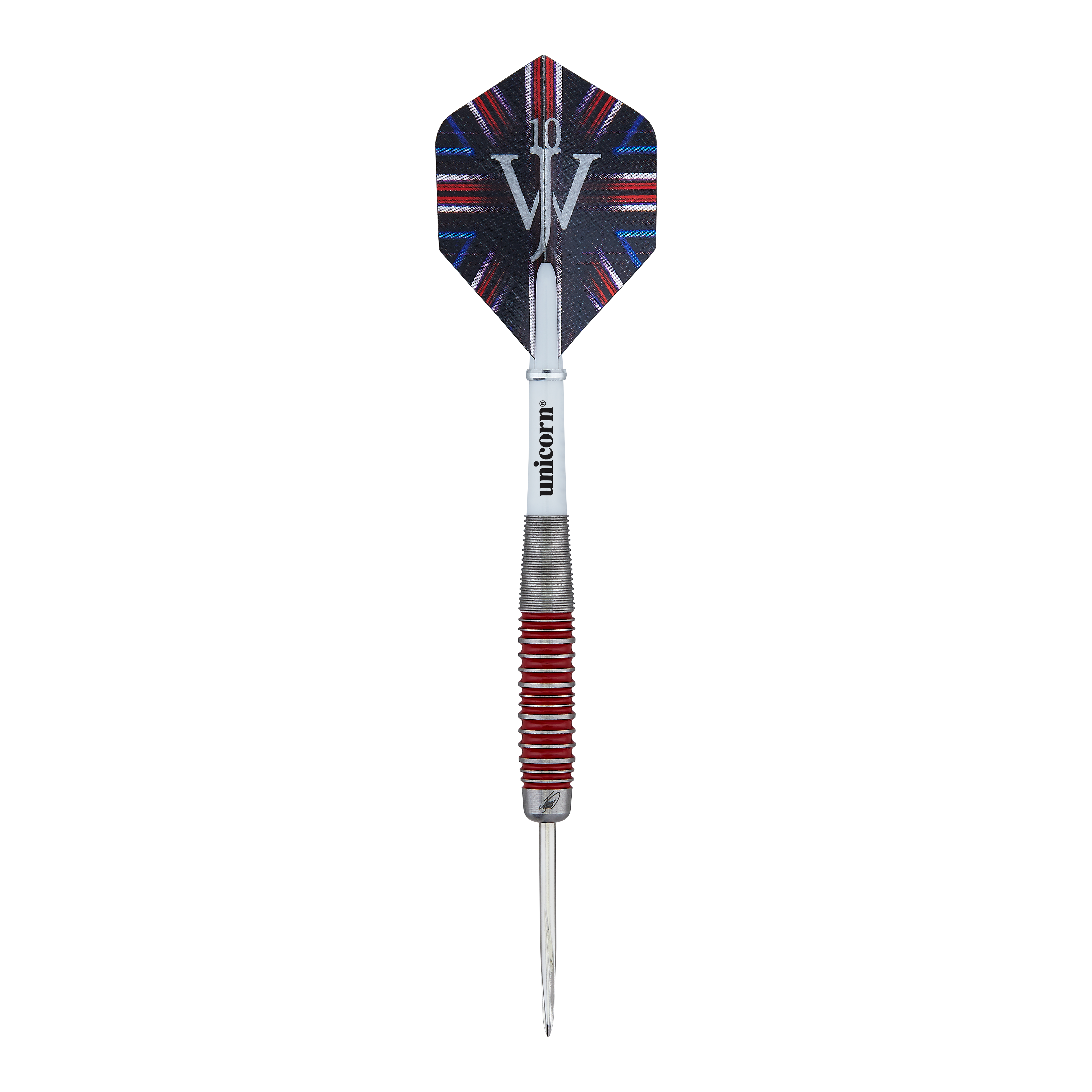 Unicorn The Machine James Wade 90% stalen darts Auf dem Bild ist ein Steeldart der Marke Unicorn zu sehen, Modell "The Machine James Wade 90%". Der Dart hat ein silbernes Griffstück mit roten Ringen und eine Flight mit dem Logo "JW".