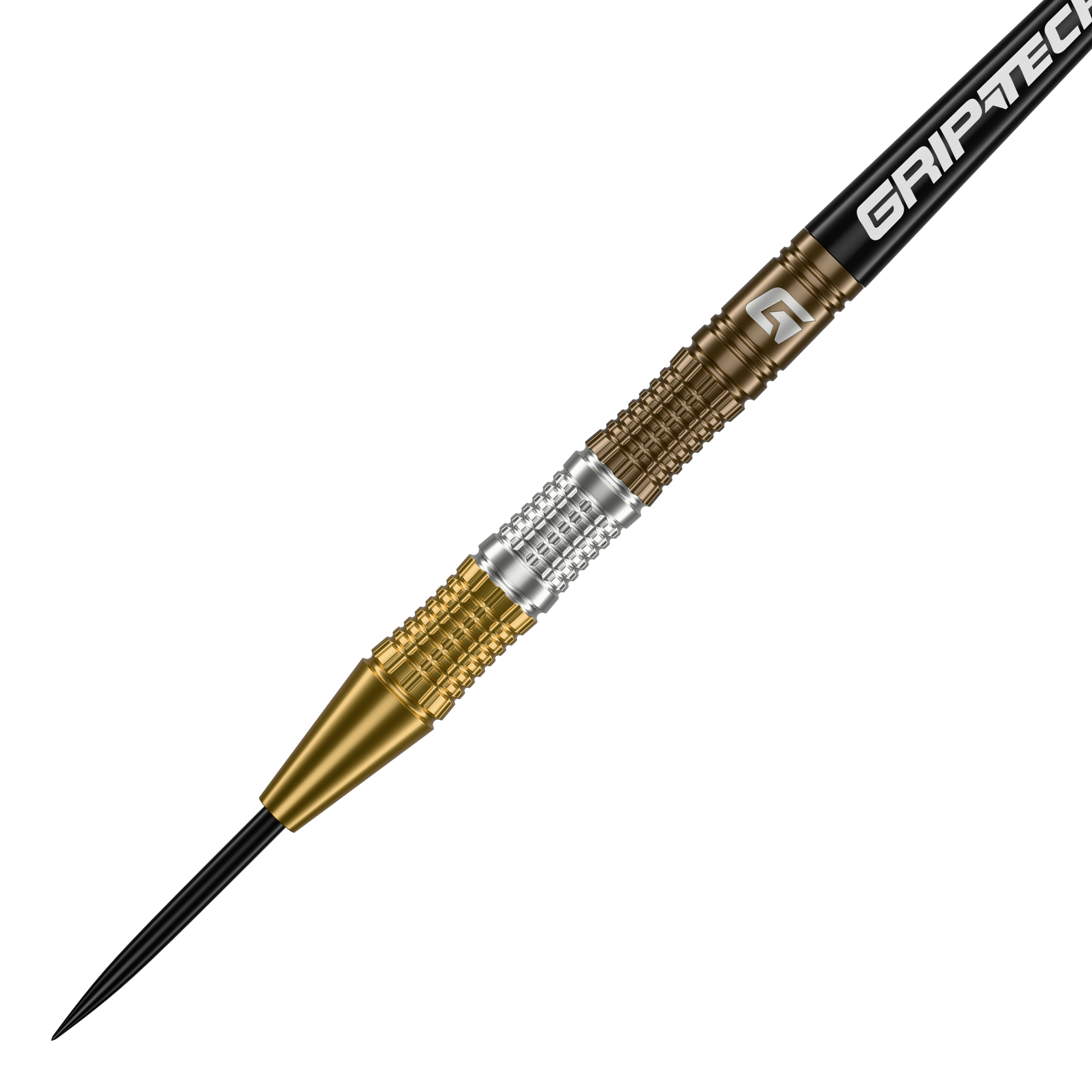 GOAT Ceremony Tungsten Steel Darts Dies ist ein GOAT Ceremony Tungsten Steeldart mit einem goldenen und silbernen Griffbereich. Auf dem Schaft steht das Wort "GRIPTECH".