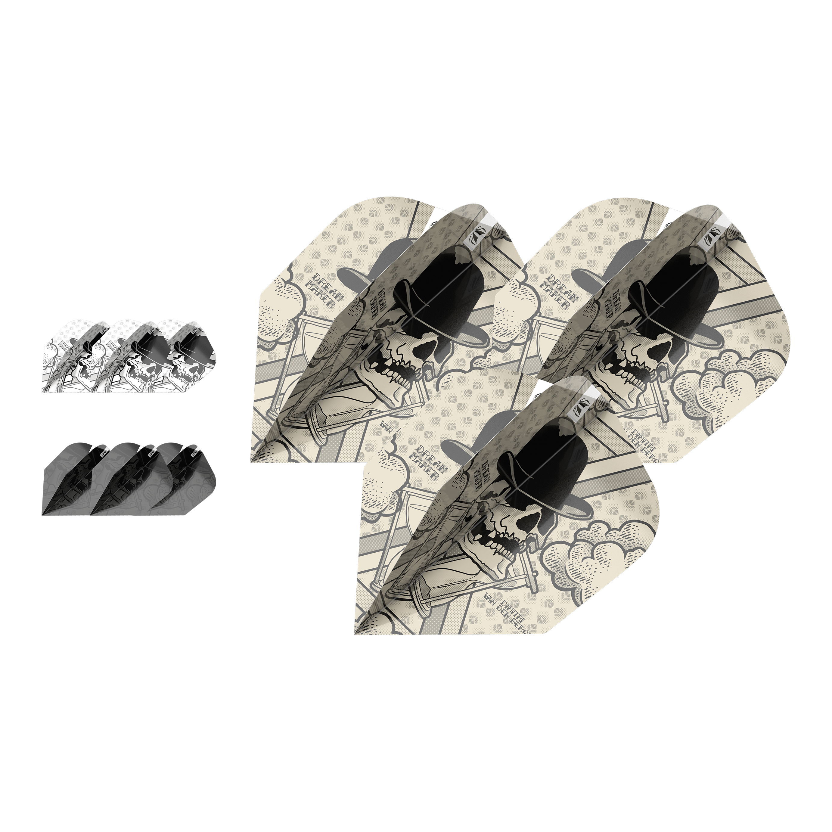 Target Inktbundel 3 sets Dimitri Van Den Bergh No6 Flights Das Bild zeigt drei Sets Dimitri Van Den Bergh No6 Flights aus der Target Ink Bundle Serie. Die Flights haben ein auffälliges Design mit einem Totenkopf, der einen Hut trägt.