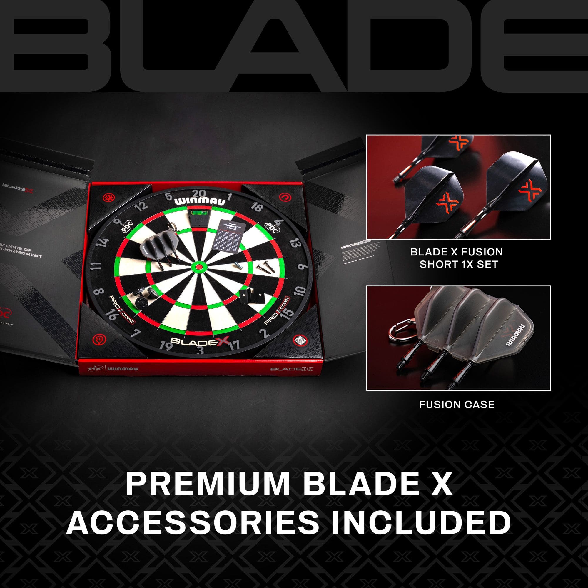 Winmau Blade X ProCore stalen dartbord Das Bild zeigt eine Detailaufnahme des Winmau Blade X ProCore Steeldartboards. Es hebt die Besonderheiten der Scheibe hervor.