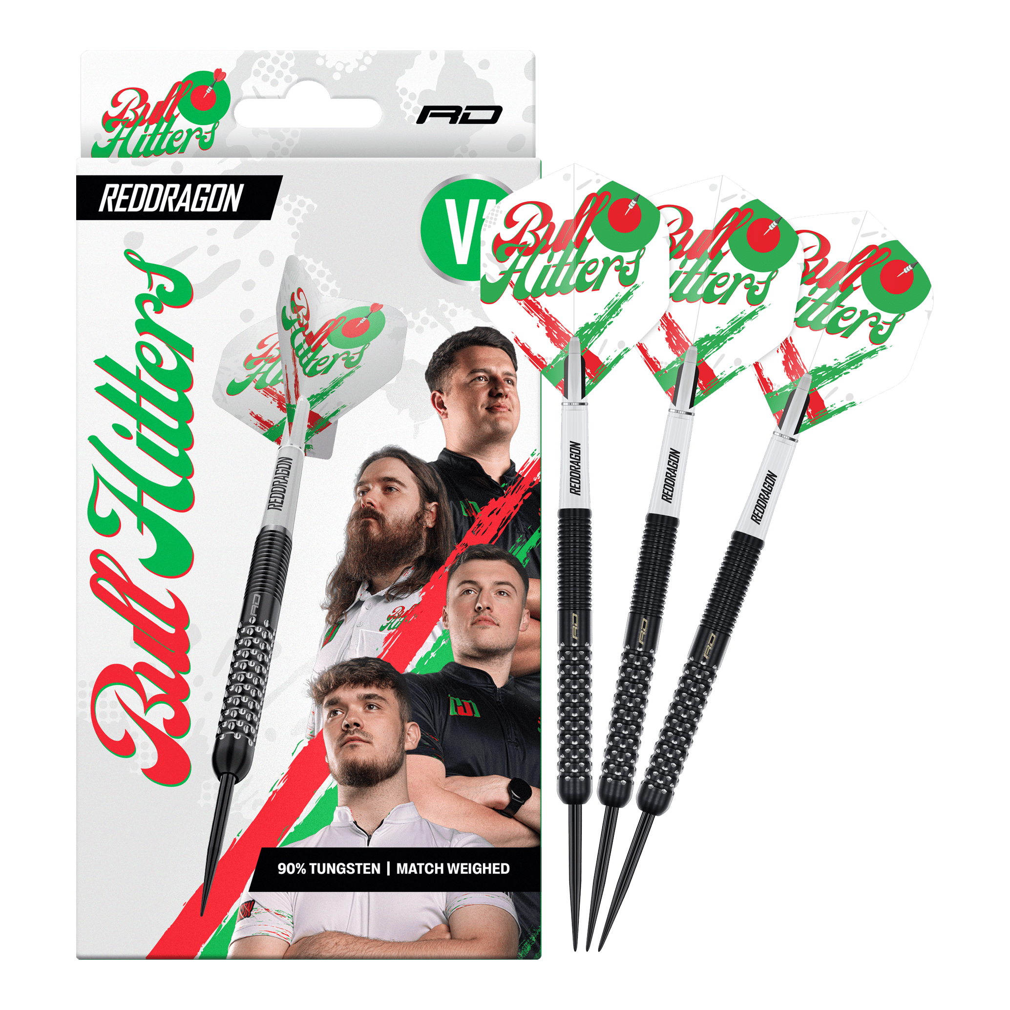 Abgebildet ist der Red Dragon Bullhitters V1 Steeldarts - 23g in kompletter Ansicht. Das Produkt eignet sich für Steeldartspieler und wiegt 23 Gramm.