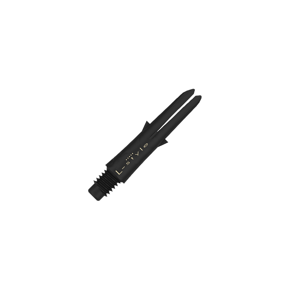 L-Style carbon schachten Das Bild zeigt einen schwarzen Dart-Schaft aus Carbon mit der Aufschrift "L-style". Der Schaft ist ohne Kappen und hat ein Gewinde am unteren Ende.
