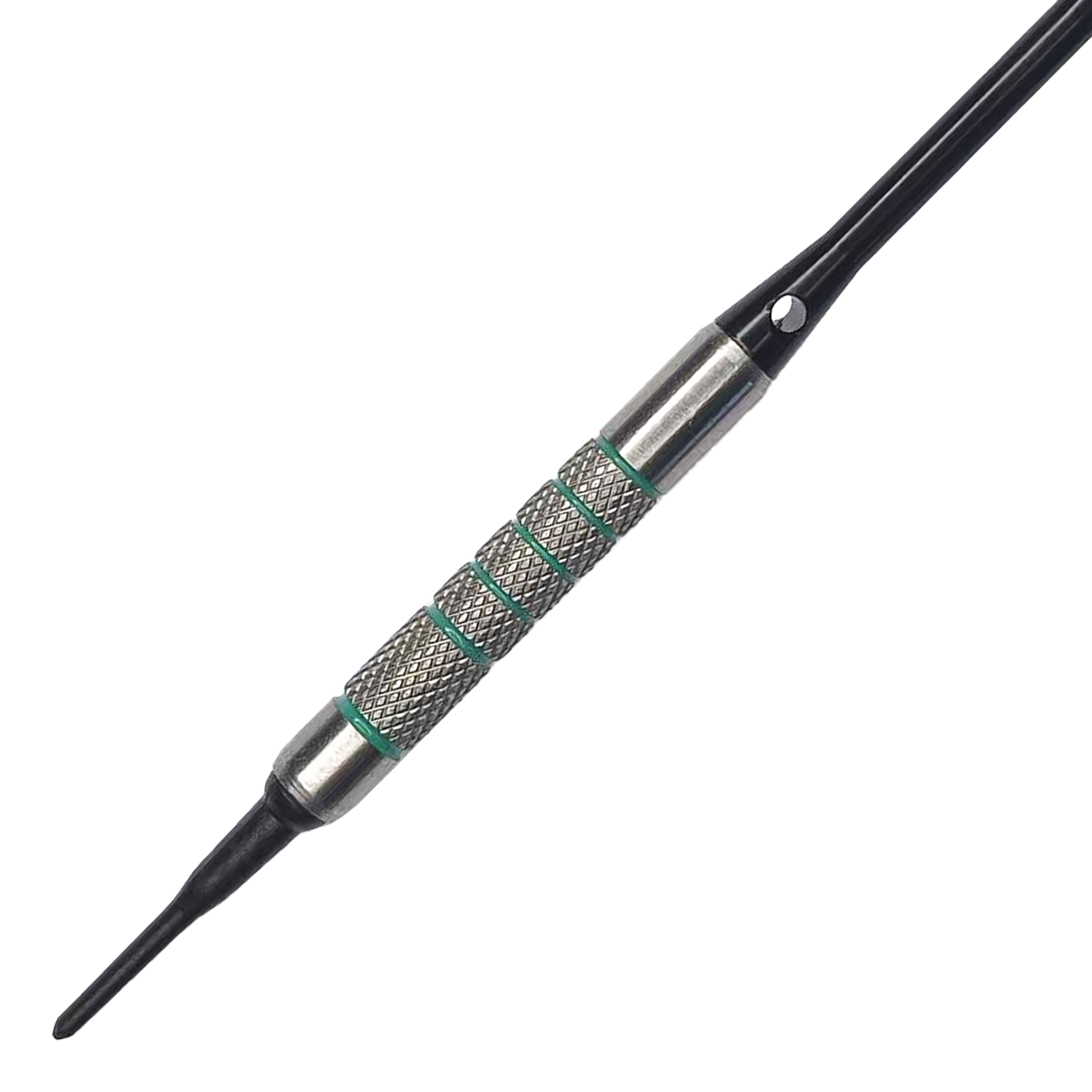 McDart 85 Tungsten V7 zachte dartpijlen - 16,5 g Das Bild zeigt einen McDart 85er Tungsten V7 Softdart mit einem Gewicht von 16,5g. Der Dart hat eine strukturierte silberne Griffzone mit grünen Akzenten und einer schwarzen Kunststoffspitze.