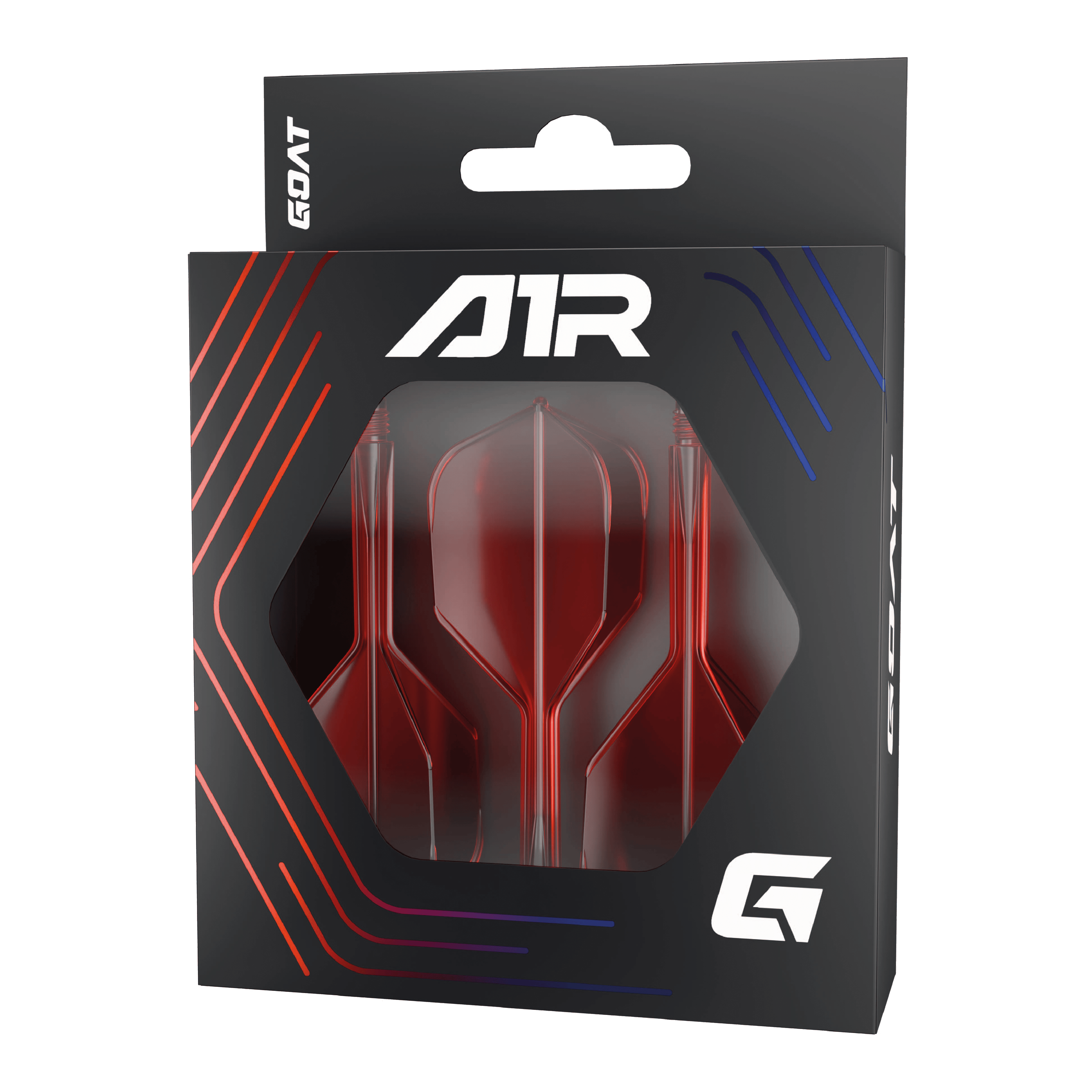 GOAT A1R No6 Flight Shaft System - Rood Die Abbildung zeigt das Produkt "GOAT A1R No6 Flight-Shaft-System – Rot" in seiner Verpackung. Im Sichtfenster der Schachtel sind drei rote Dart-Flights und -Schäfte zu sehen.
