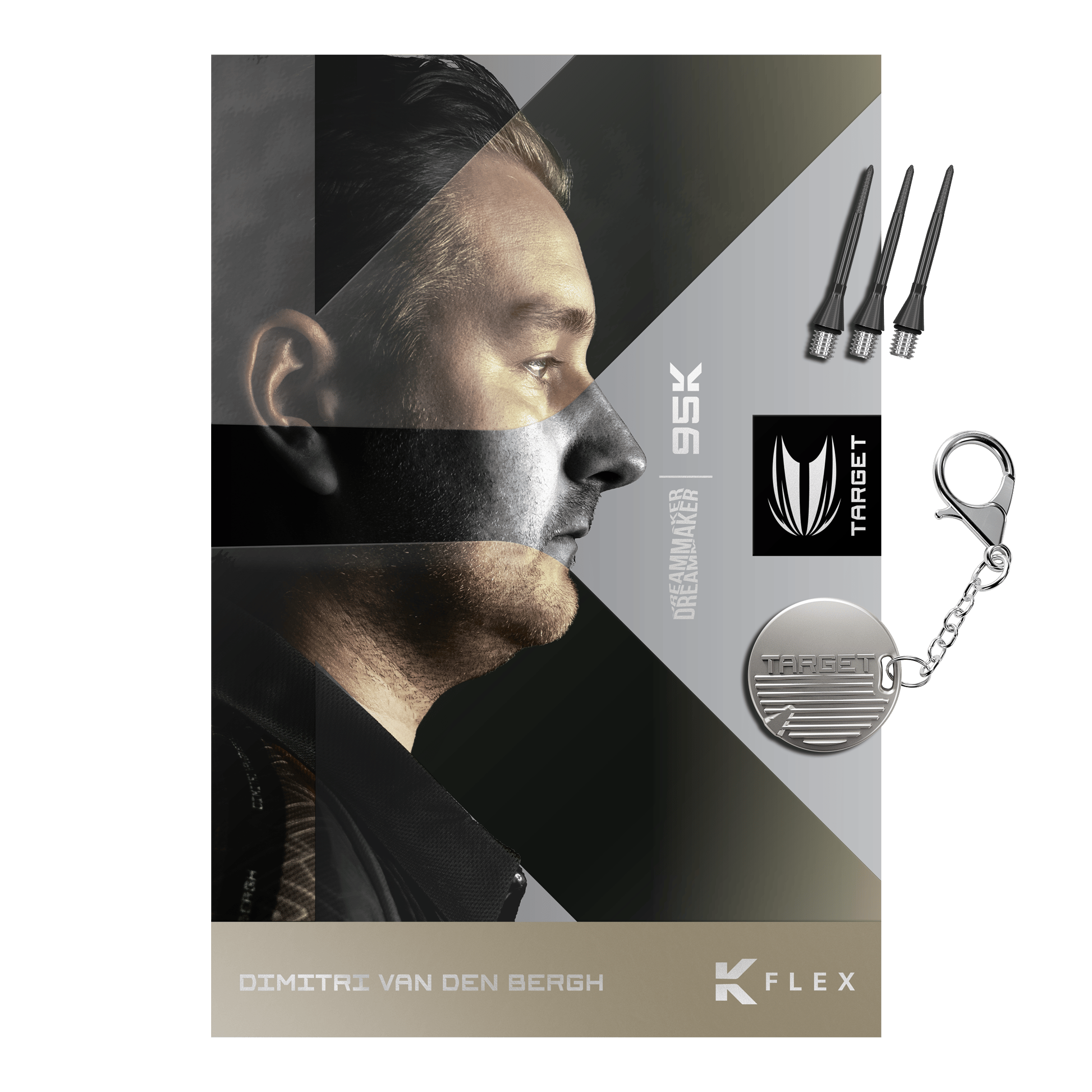 Target Dimitri Van Den Bergh 95K soft darts - 19g Das Bild zeigt die Target Dimitri Van Den Bergh 95K Softdarts mit einem Gewicht von 19 Gramm. Die Softdarts sind für präzises Werfen und professionelles Dartspiel konzipiert.