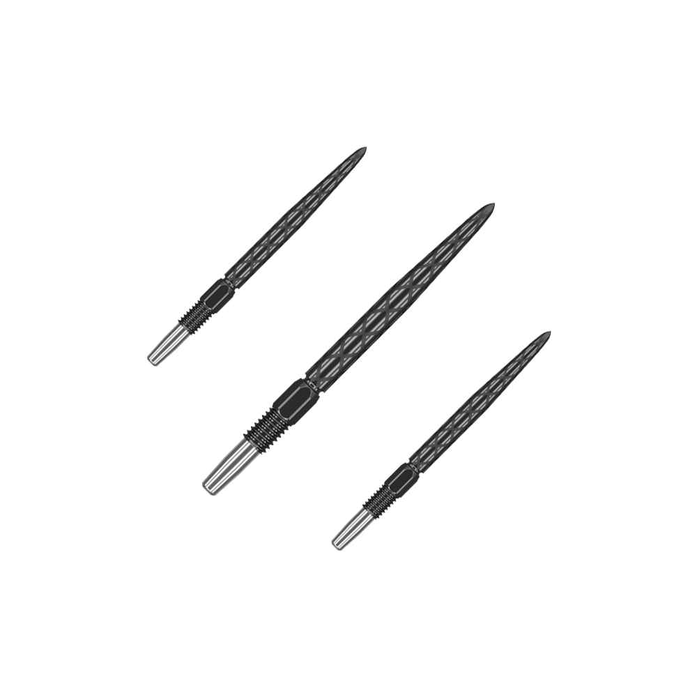 Target Swiss Diamond Pro Black Points dartpunten Das Bild zeigt drei schwarze Dartspitzen mit silbernem Ende. Die Spitzen haben ein Rautenmuster und sind nebeneinander angeordnet.