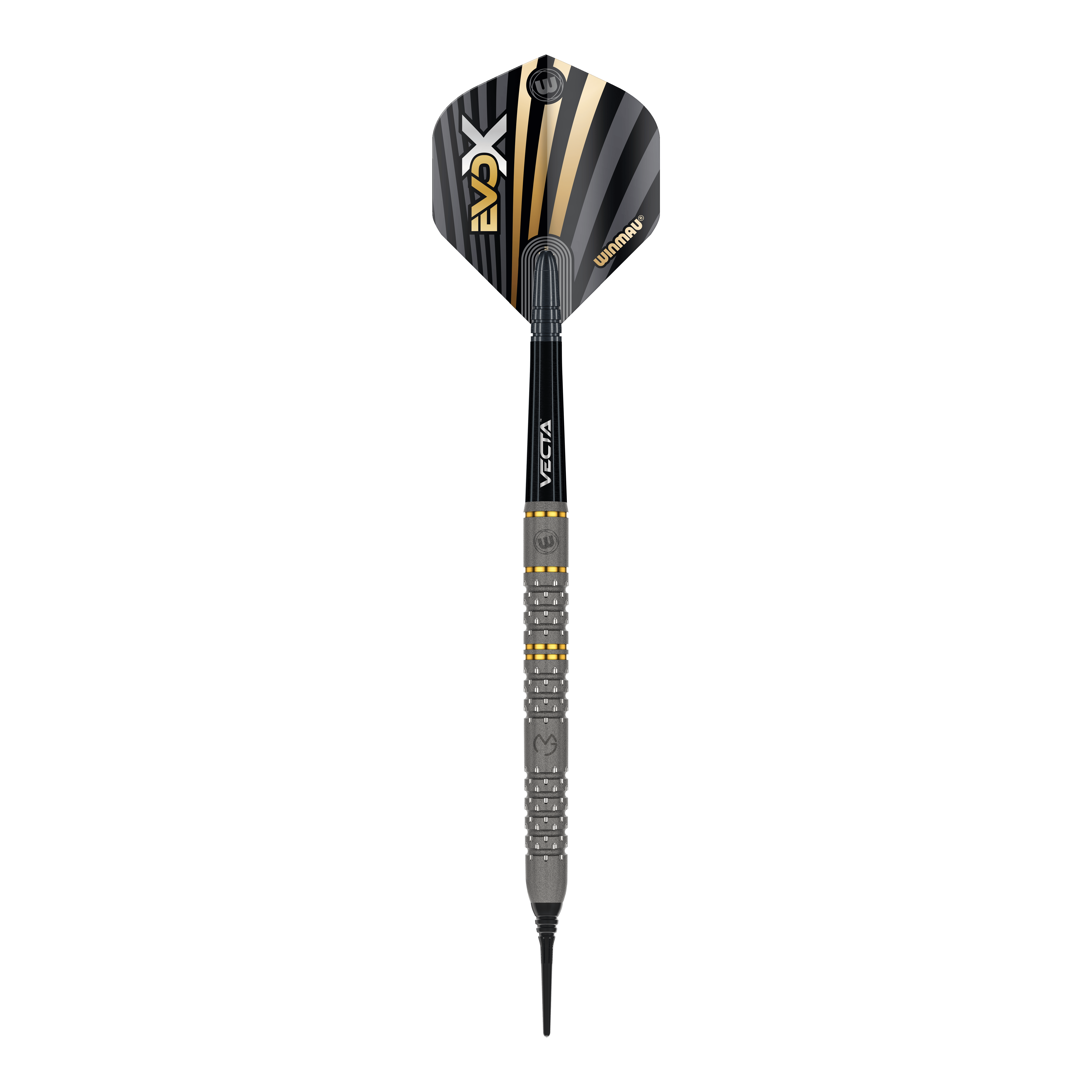 Winmau Michael Van Gerwen Evo-X zachte dartpijlen - 20g Das Bild zeigt einen Winmau Michael Van Gerwen Evo-X Softdart mit einem Gewicht von 20g. Der Dart hat ein modernes Design mit schwarz-goldenen Akzenten und einer strukturierten Griffzone.