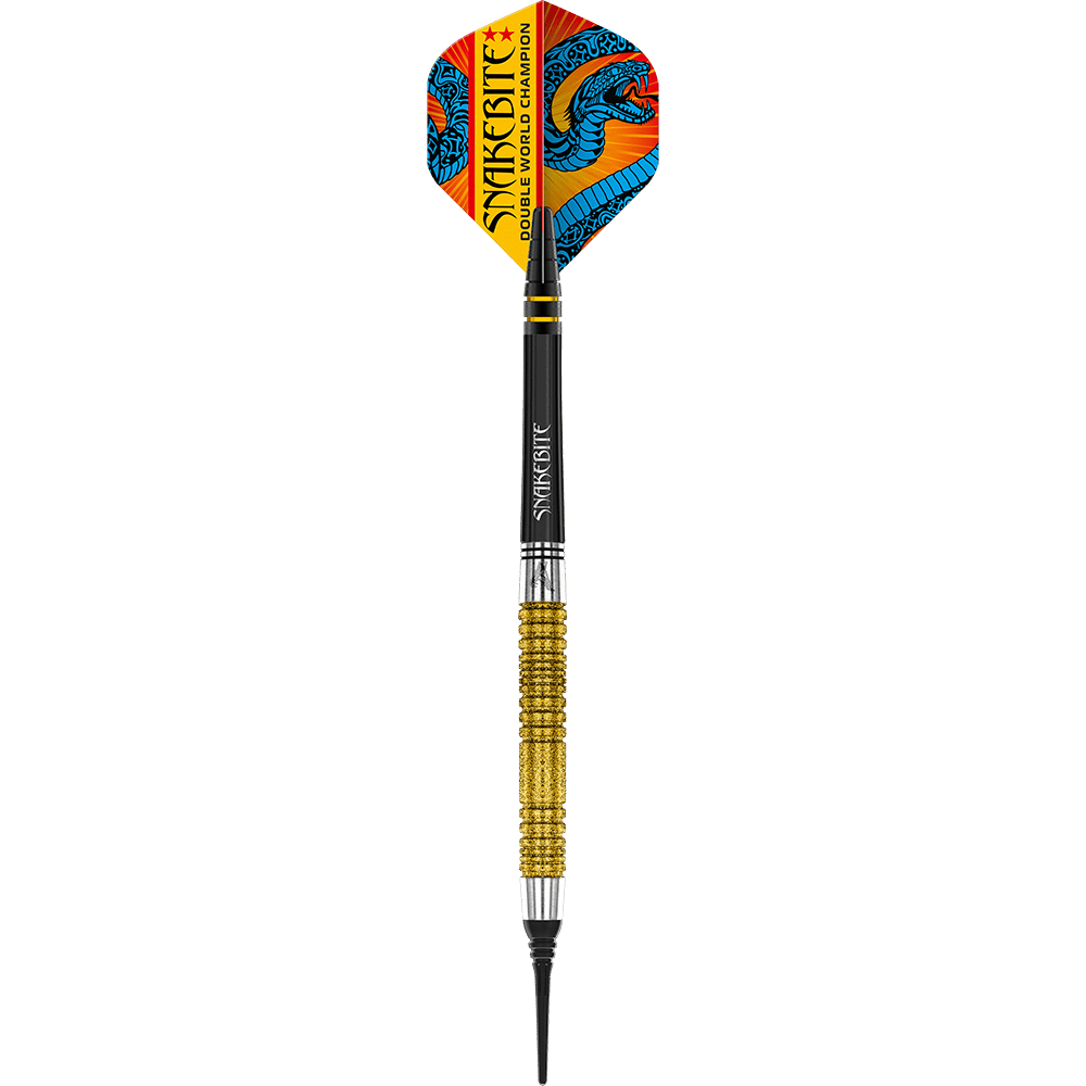 Red Dragon Peter Wright Dubbel Wereldkampioen SE Gold Plus Softdarts - 20g Das Bild zeigt einen Softdart mit goldfarbenem Griff und bunter Spitze. Auf dem Flight steht "Snakebite Double World Champion" und es ist ein blauer Drache abgebildet.